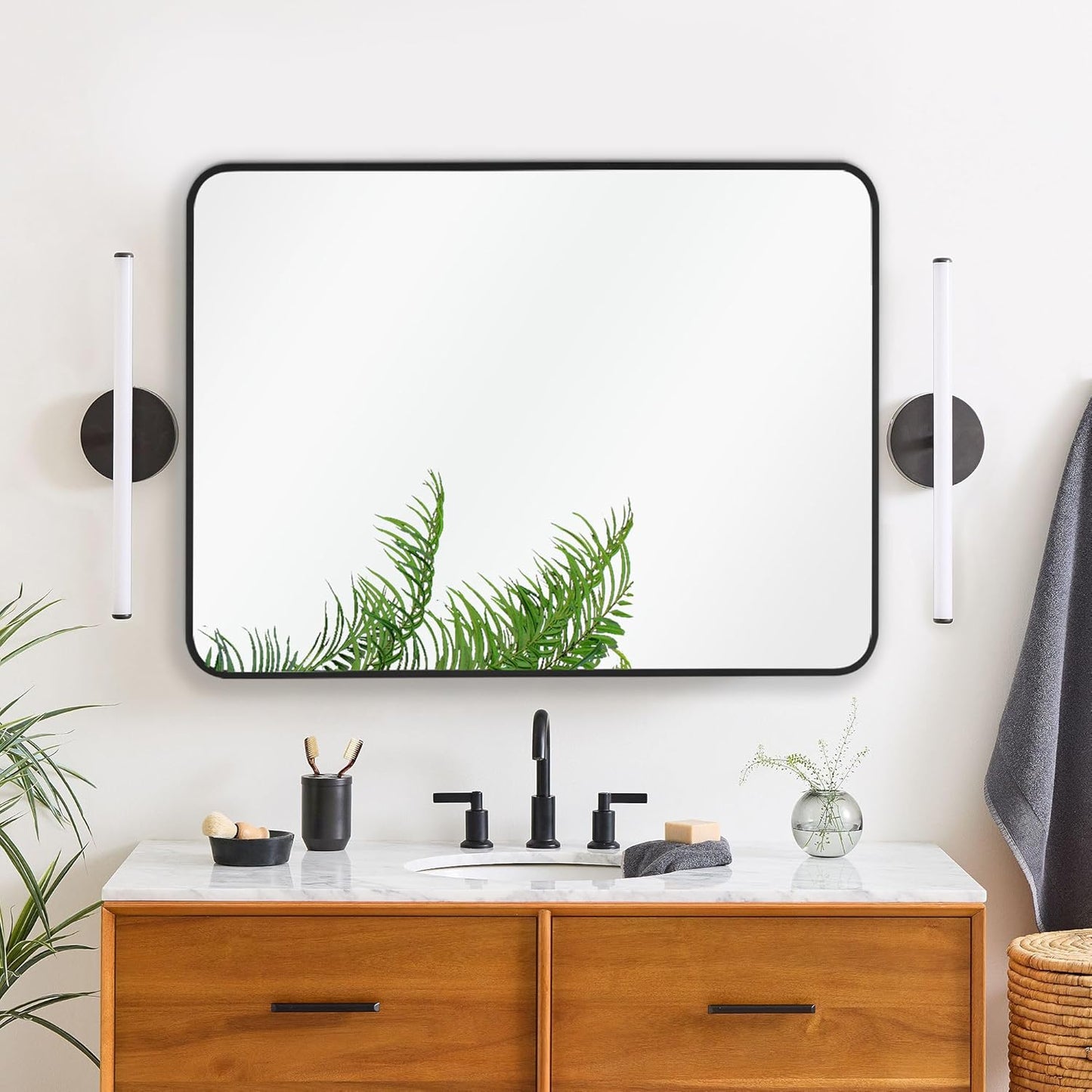 24x36 Inch Rectangle Bathroom Mirror with Black Metal Frame, Rounded Corner Rectangular Vanity Mirror for Wall, Modern Large for Bedroom, Living Room, Horizontal or Vertical