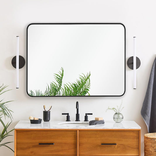 24x36 Inch Rectangle Bathroom Mirror with Black Metal Frame, Rounded Corner Rectangular Vanity Mirror for Wall, Modern Large for Bedroom, Living Room, Horizontal or Vertical