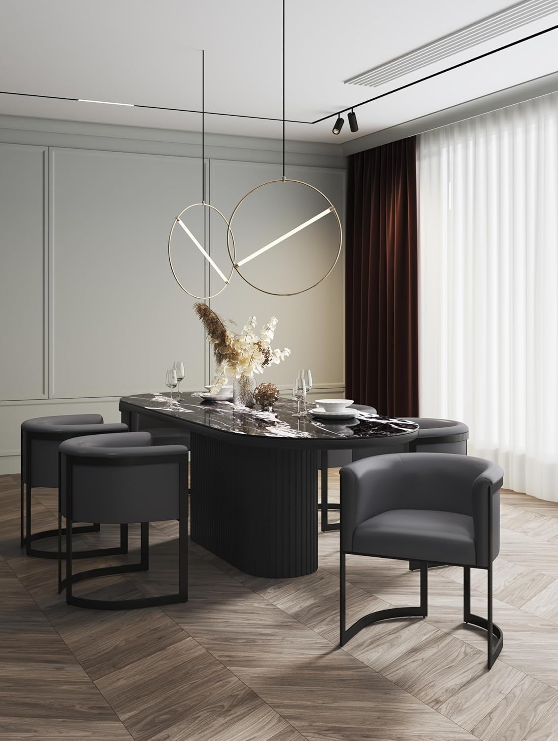 Manhattan Comfort Corso Faux Leather Upholstered Dining Chair, Barrel-Style Foam Padded Seat, Unique Geometric Metal Frame, Fully Assembled Accent Furniture, Grey