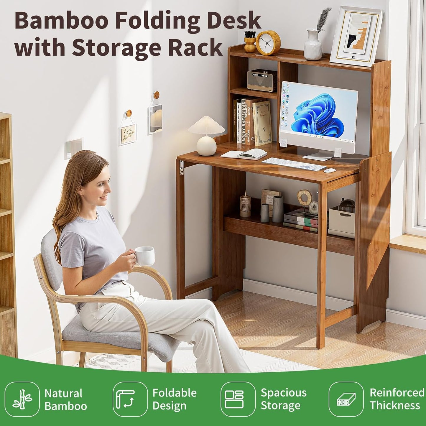 Bamboo Folding Desk with Storage Rack Mid Century Modern Desk for Home Office Bedroom Small Spaces, Brown