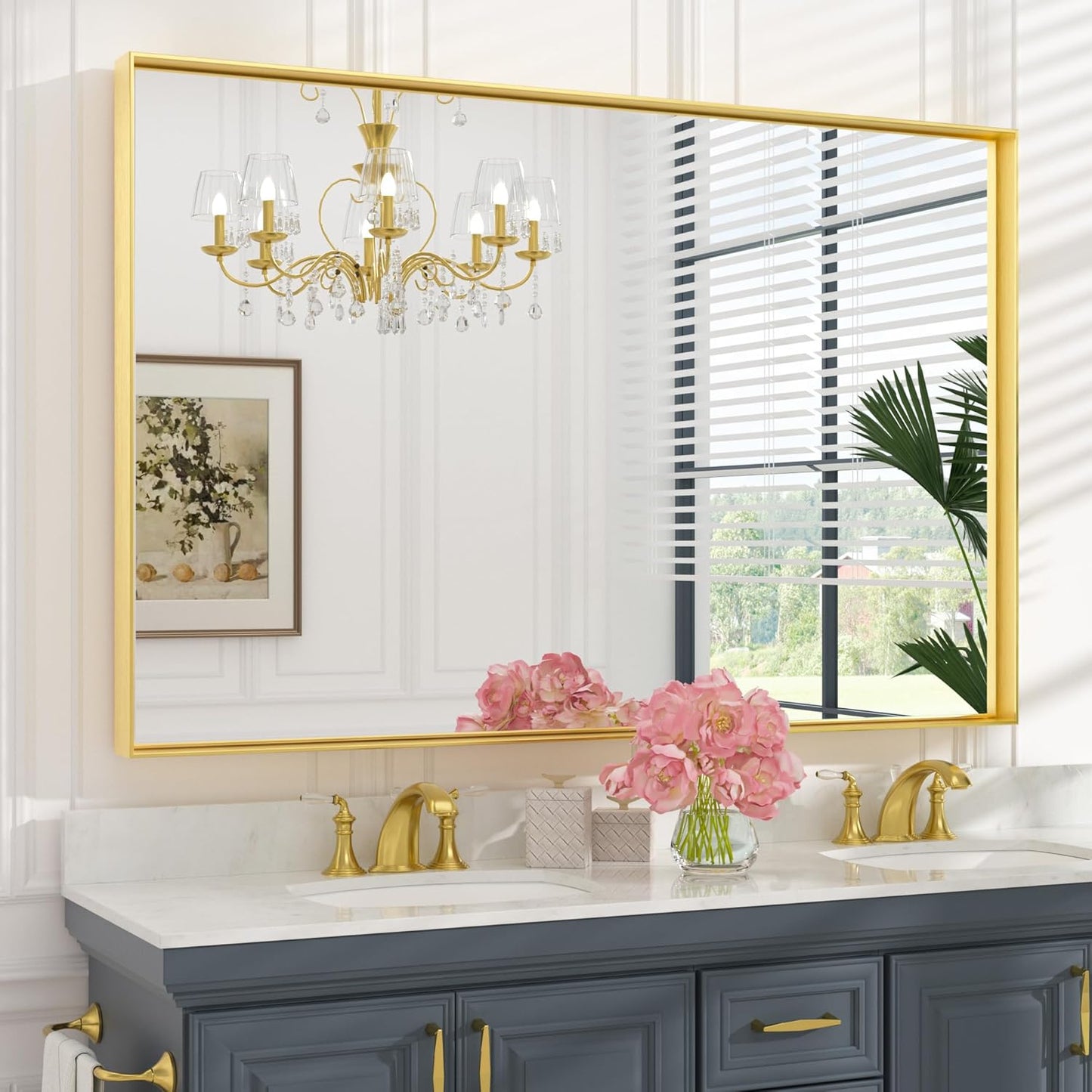 Keonjinn Brushed Gold Bathroom Mirror 55 x 36 Inch, Large Gold Vanity Mirror for Wall, Metal Frame,Rectangle Square Corner, Oversized, Modern Farmhouse(Horizontal/Vertical)
