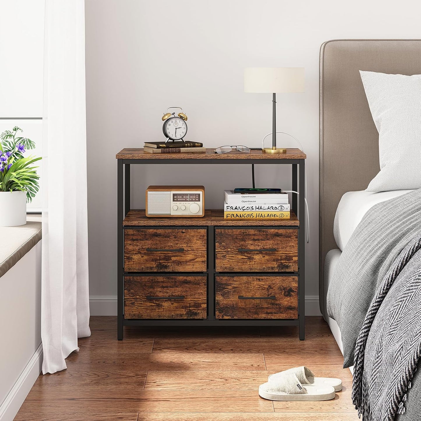 TUTOTAK Large Night Stand with Charging Station, Nightstand with USB and Type-C Port, Bedside Table with Cloth Drawers, End Table for Livingroom, Bedroom, Brown TB01BB081