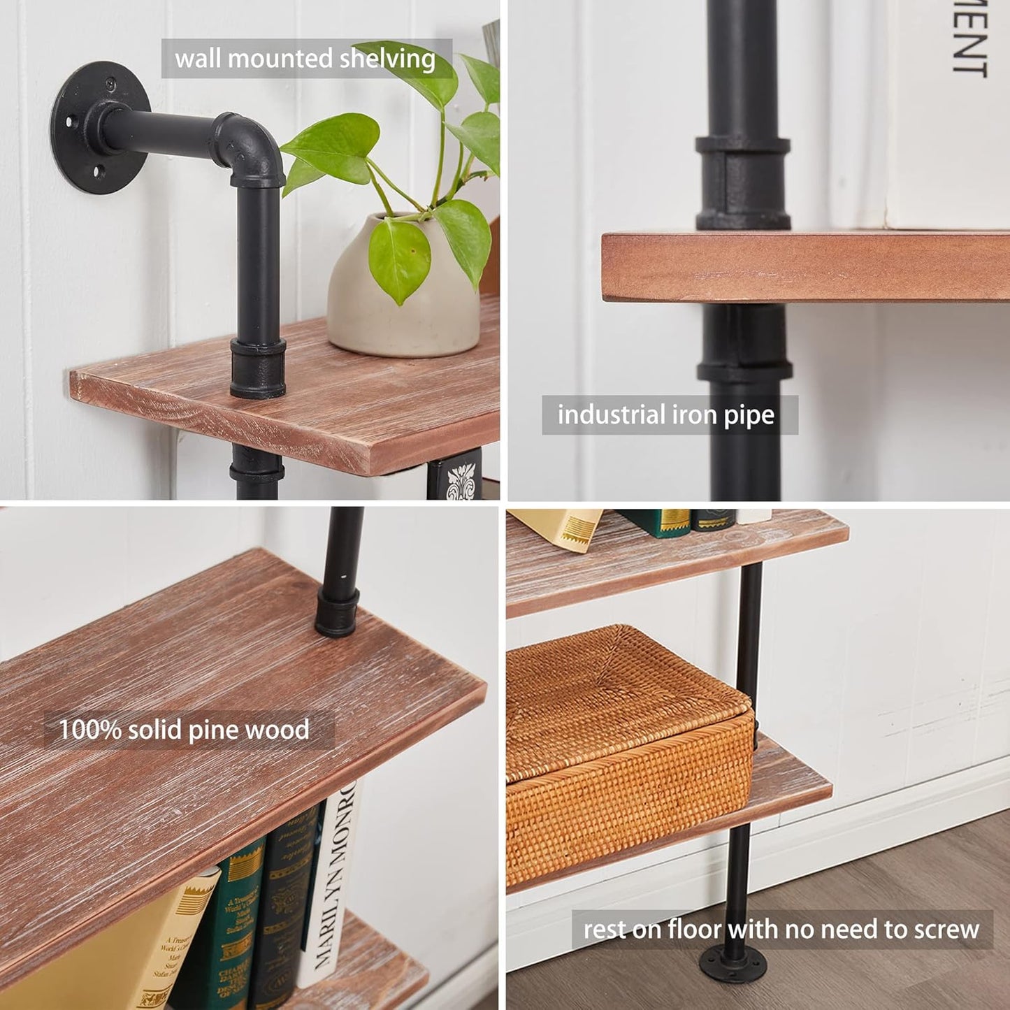 7 Tier Industrial Wall Mounted Ladder Shelf Bookcase, Rustic Wood Metal Pipe Industrial Shelves for Living Room Decor and Storage (Weathered Brown, 7 Tier - 10" D x 36" W x 95.5" H)