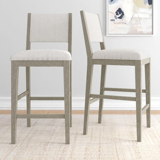 Plank+Beam Sereno Bar Stool, 30", Set of 2, Sturdy Wood Modern Kitchen Bar Height Stool, Upholstered Cushion Bar Chair with Back, Antique White/Ivory