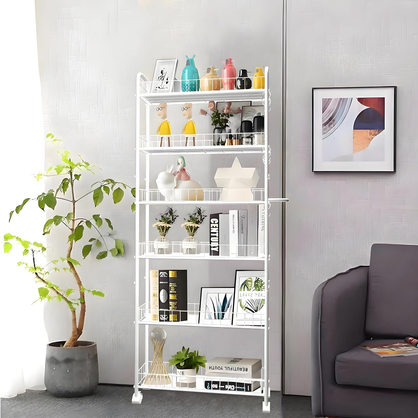 6 Tier 6in Slim Rolling Cart with Handle, White Mobile Shelving Unit with Wheels, Metal Wire Storage Rack with Baskets for Kitchen Bathroom Office Laundry Narrow Piaces