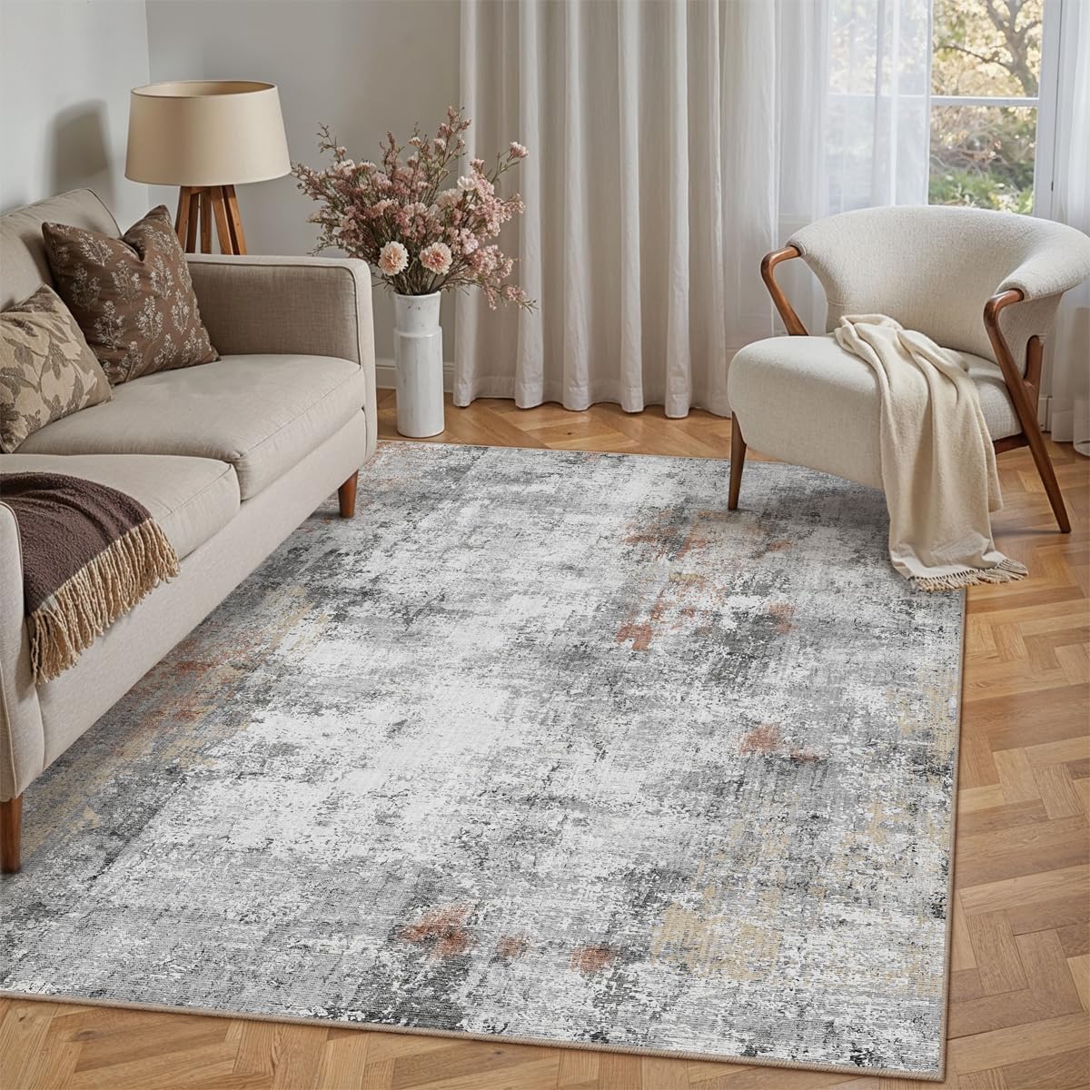 5x7 Washable Area Rug Grey Rust Modern Neutral Abstract Living Room Bedroom Indoor Floor Carpet Low Pile Soft Non-Slip Lightweight Vacuumable Throw Rug for Kitchen Dining Room
