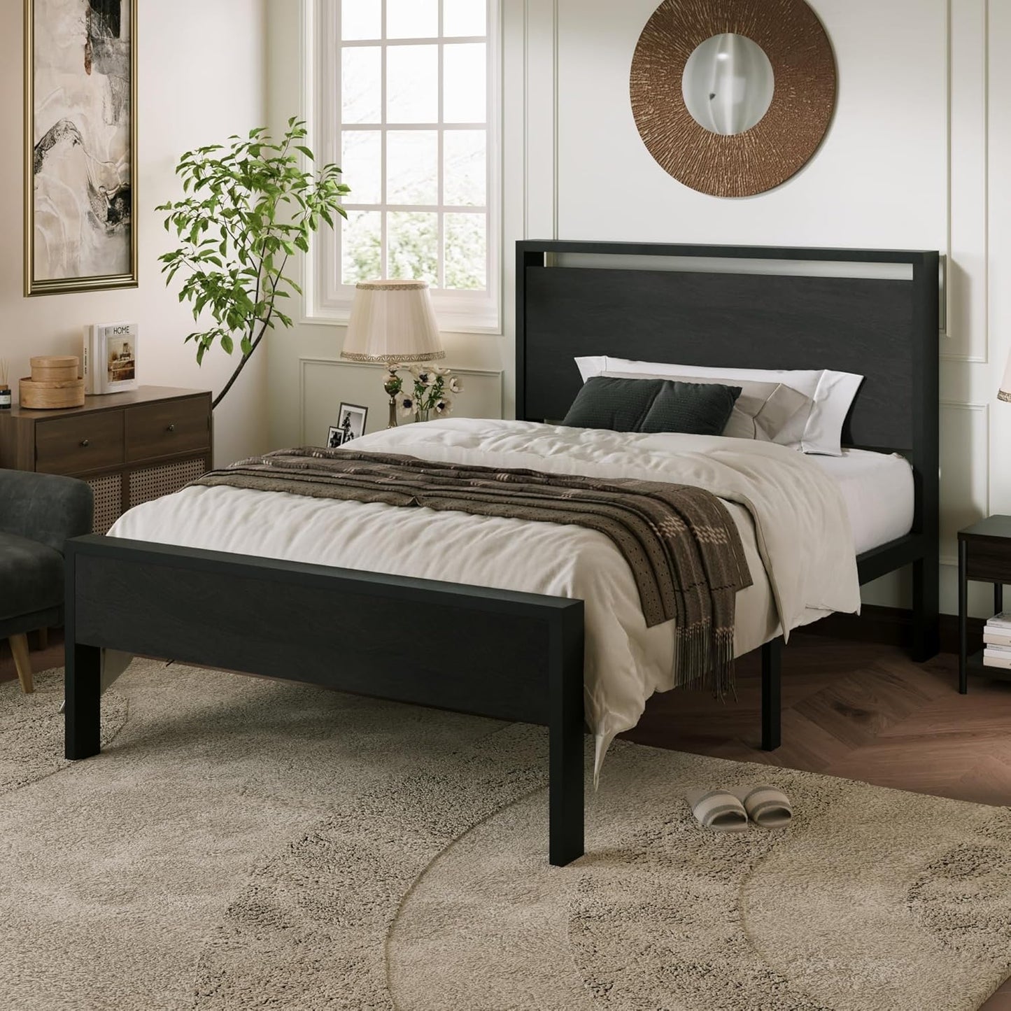 Allewie Twin Size Platform Bed Frame with Wooden Headboard and Footboard, Heavy Duty Metal Slats Support, No Box Spring Needed, Under-Bed Storage, Noise Free, Easy Assembly, Black Oak