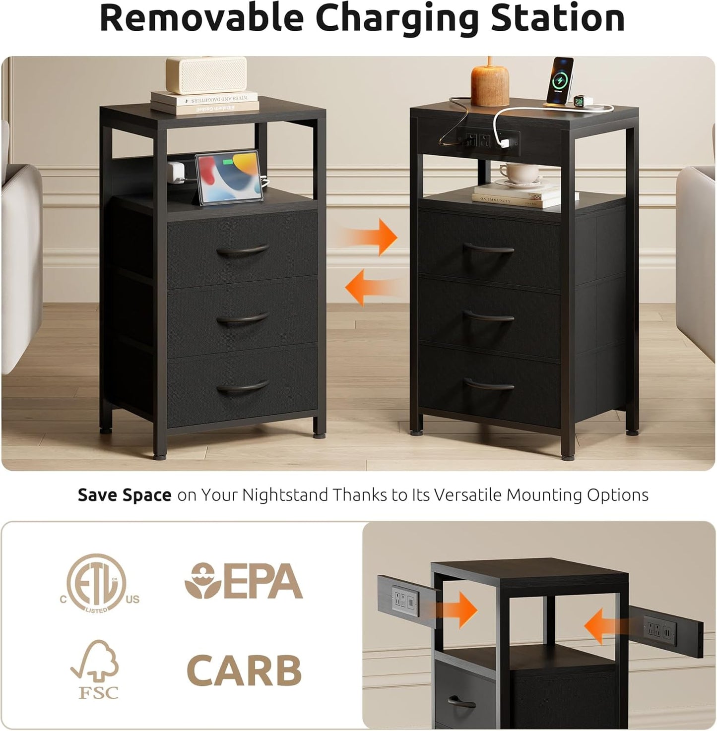 NightStand Bedside Charging Table Bedroom - Night Stand with Charger Station, Black Modern Bed Side End Table with Open Shelf & 3 Fabric Drawers, USB-C USB Ports & AC Outlets for Dorm, Living Room