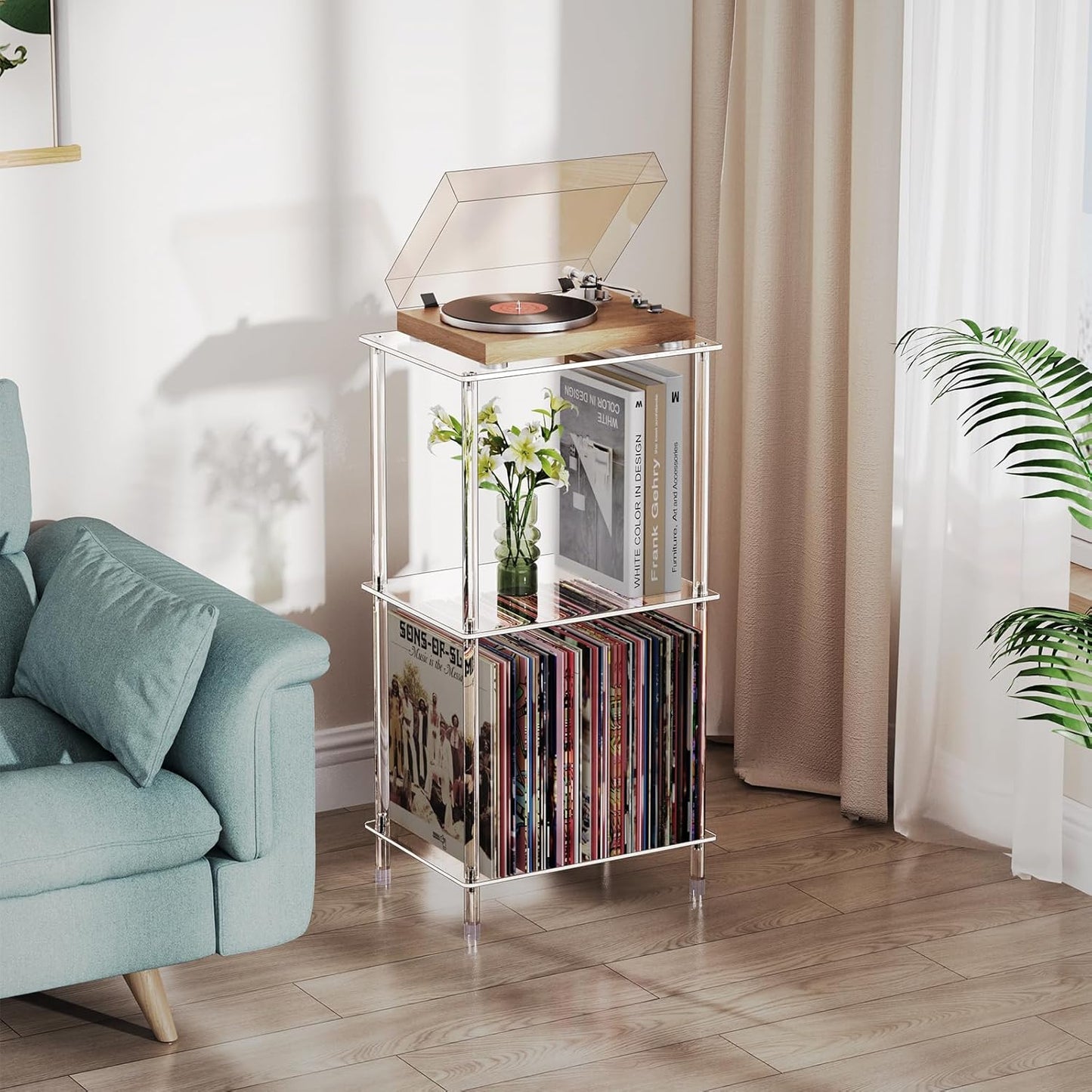 Acrylic Record Player Stand, 3-Tier Clear Turntable Table with Vinyl Record Storage, 15.75" L x 11.81" W x 30.7" H, Modern Side Table/End Table