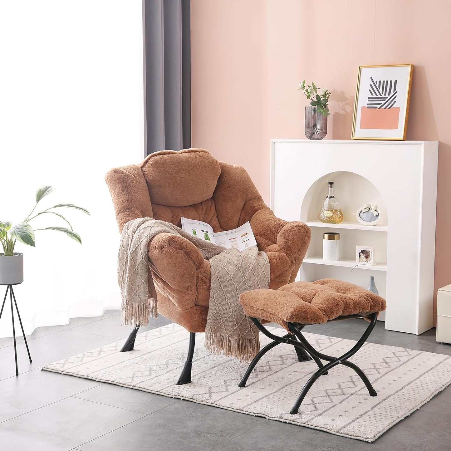 Lazy Chair with Ottoman, Modern Accent Chair Lounge Leisure Sofa Chair with Armrests, Reading Chair and Folding Footstool for Living Room, Bedroom, Office, Plush Brown