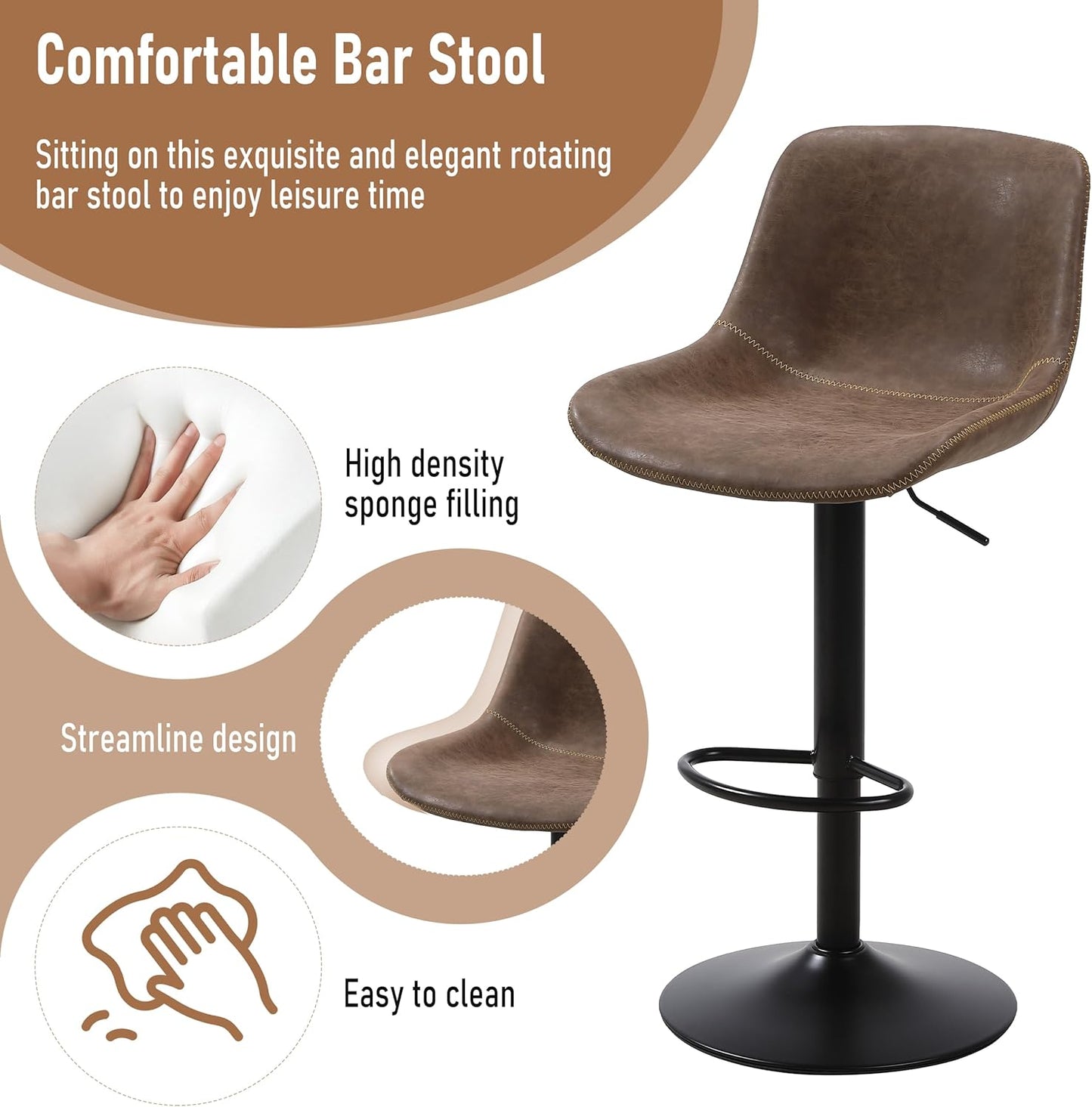 Bar Stools, Swivel Counter Height Barstools with Back, Adjustable Modern Bar Chairs, Tall Armless PU Leather Kitchen Island Stool (Brown, Set of 1)