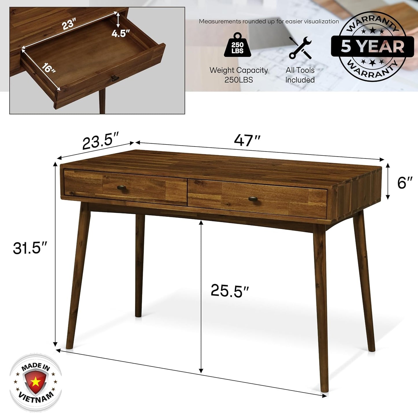 Acacia Lagom 48" Solid Wood Work Desk with Drawers, Home Office Desk Office Furniture, Work Table for Home Office, Scandinavian Style Wood Work Desk for Home Office, Walnut