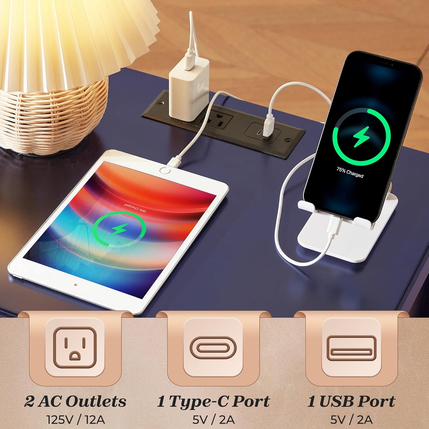 Huuger Blue Nightstand Set of 2, Night Stand with Charger Station, Bedside Table with 2 Drawers, Bed Side Tables for Bedroom, Modern Nightstands, Metal Knobs, Painted Surface