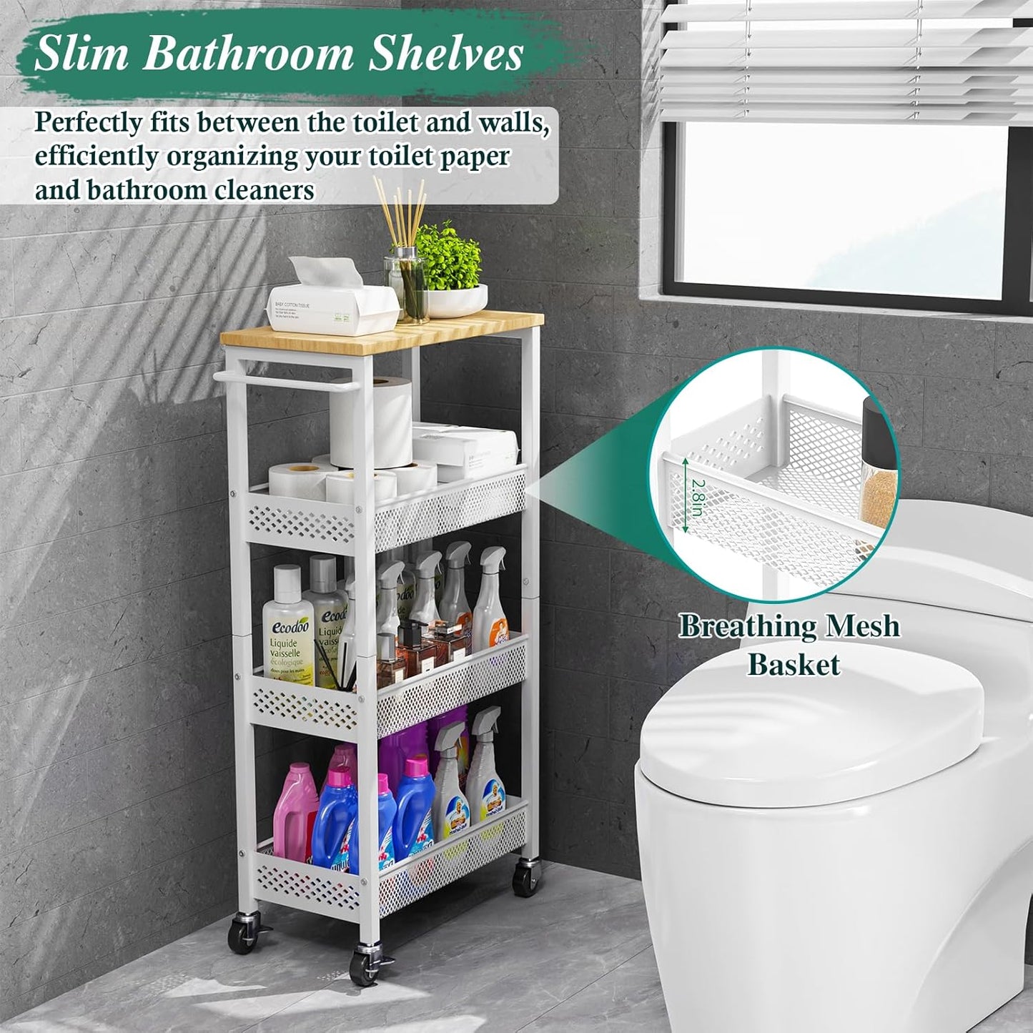 Utility Slim Storage Cart, 4-Tier Narrow Bathroom Organizers and Storage Cart, Narrow Metal Kitchen Laundry Room Organization Shelf with Wood Top, Slim Rolling Carts with Wheels for Small Space