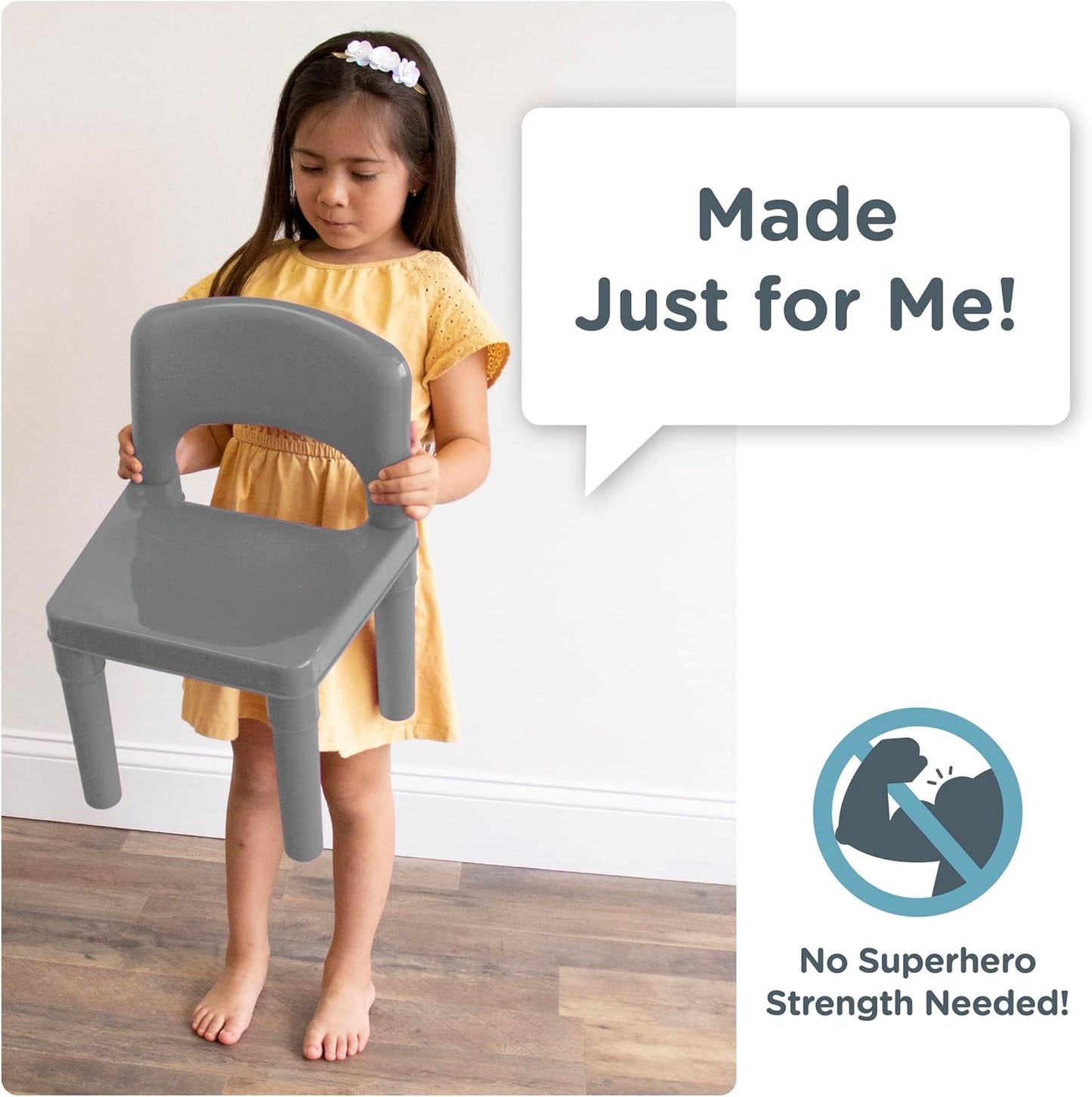 Humble Crew Kids Plastic Table and 2 Chairs Set, Grey Table with Chairs, Lightweight Toddler Activity Table for Ages 3-6, Easy Snap-Together Assembly, Durable Playroom Furniture