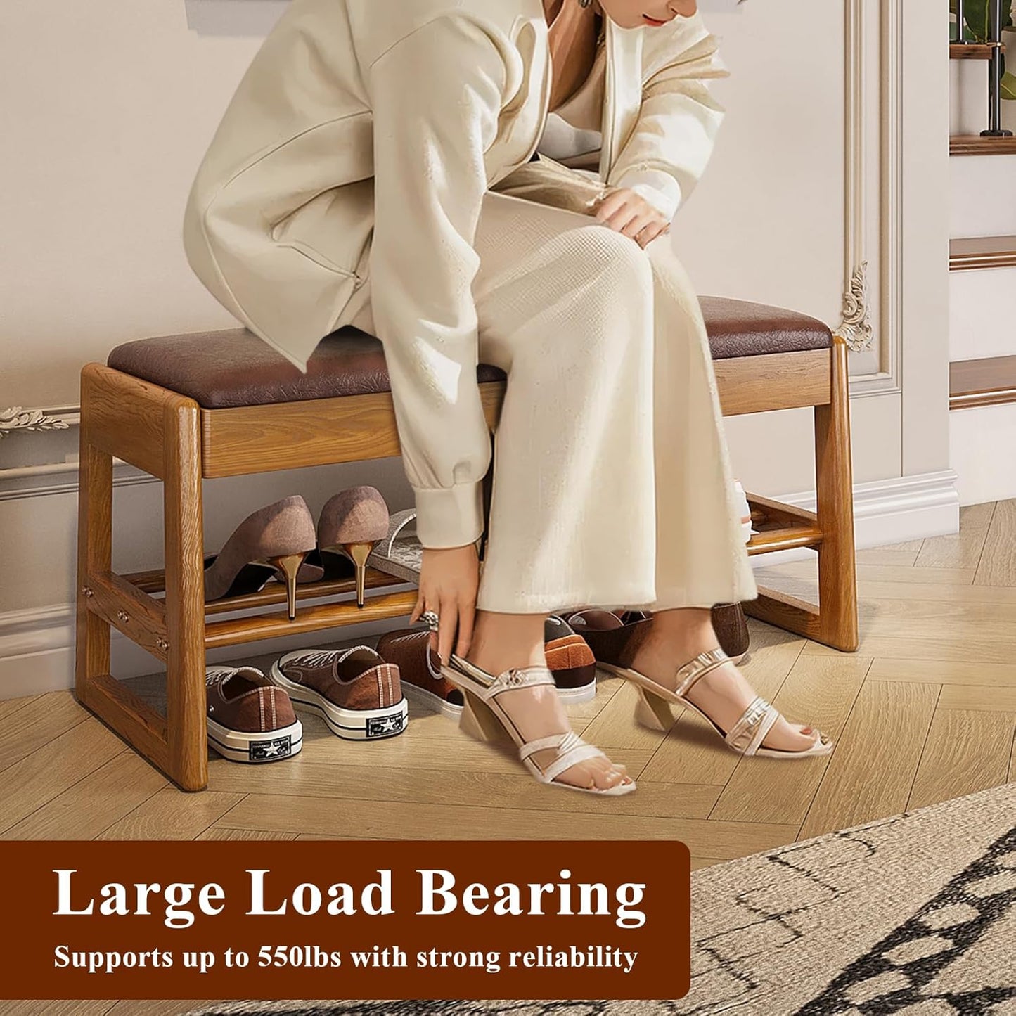 Shoe Rack Bench Seat Rubberwood 2-Tier Wooden Storage Bench 550lbs Compact Mid-Century Modern Design for Entryway, Hallway, Closet, Front Door Entrance, Foyer