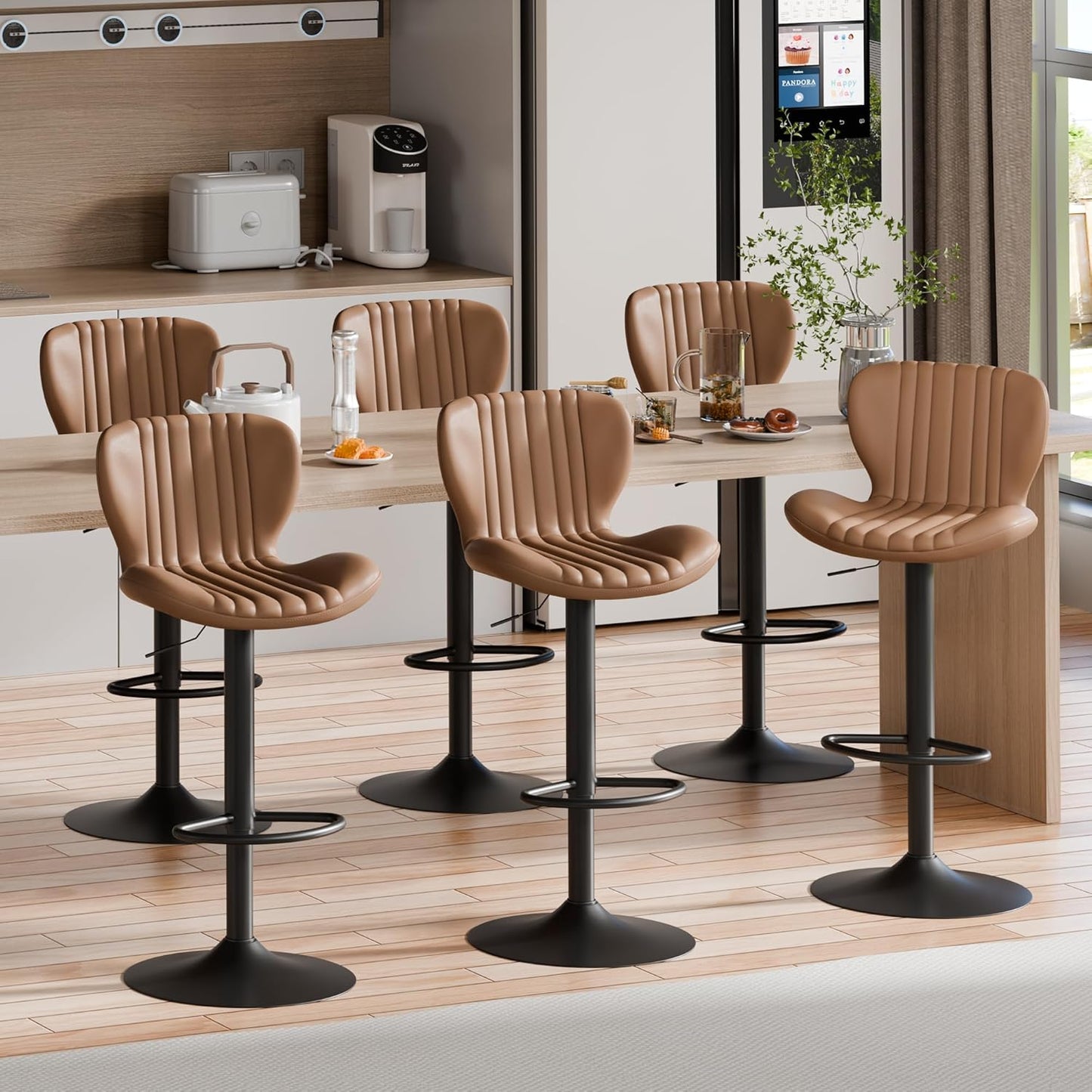 Shintenchi Bar Stools Set of 6 Modern Swivel Bar Chairs, Counter Height Faux Leather Metal Barstools, Upholstered Island Chairs with Back and Footrest, Coffee