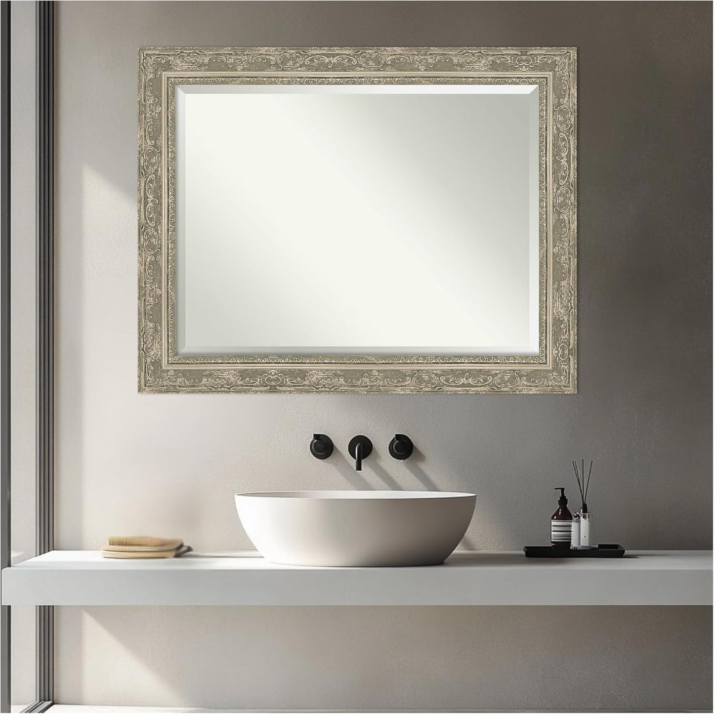Amanti Art Bathroom Mirror for Over Sink, 29x23 Filigree Silver Rectangle Vanity Mirror, Medium Traditional Frame, Hangs Horizonally and Vertically, Bathroom Wall Decor, Beveled Edge