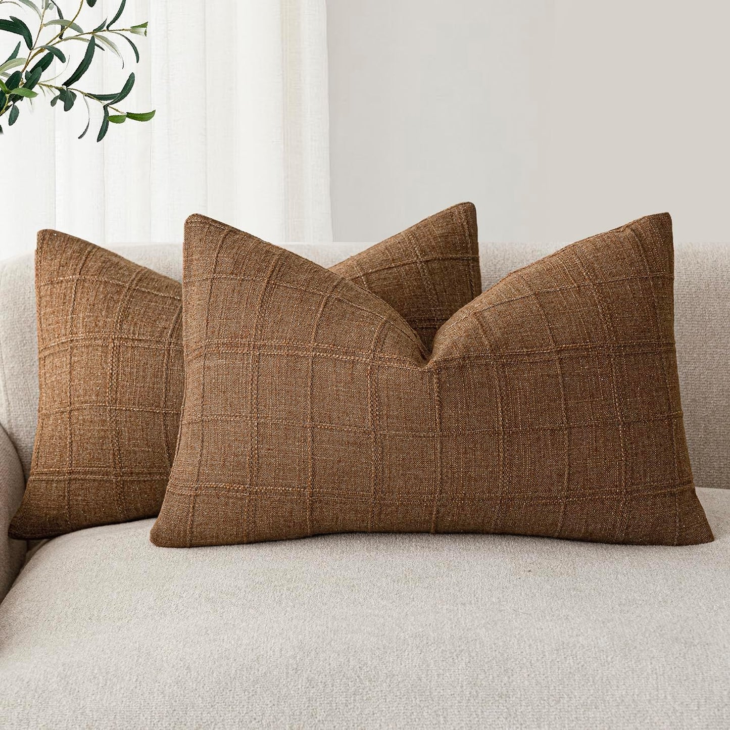 Foindtower Set of 2 Decorative Linen Check Throw Pillow Covers Neutral Farmhouse Lumbar Cushion Covers Modern Boho Home Decor for Sofa Chair Couch Bedroom Living Room Outdoor,12×20 Inch,Brown Hazel