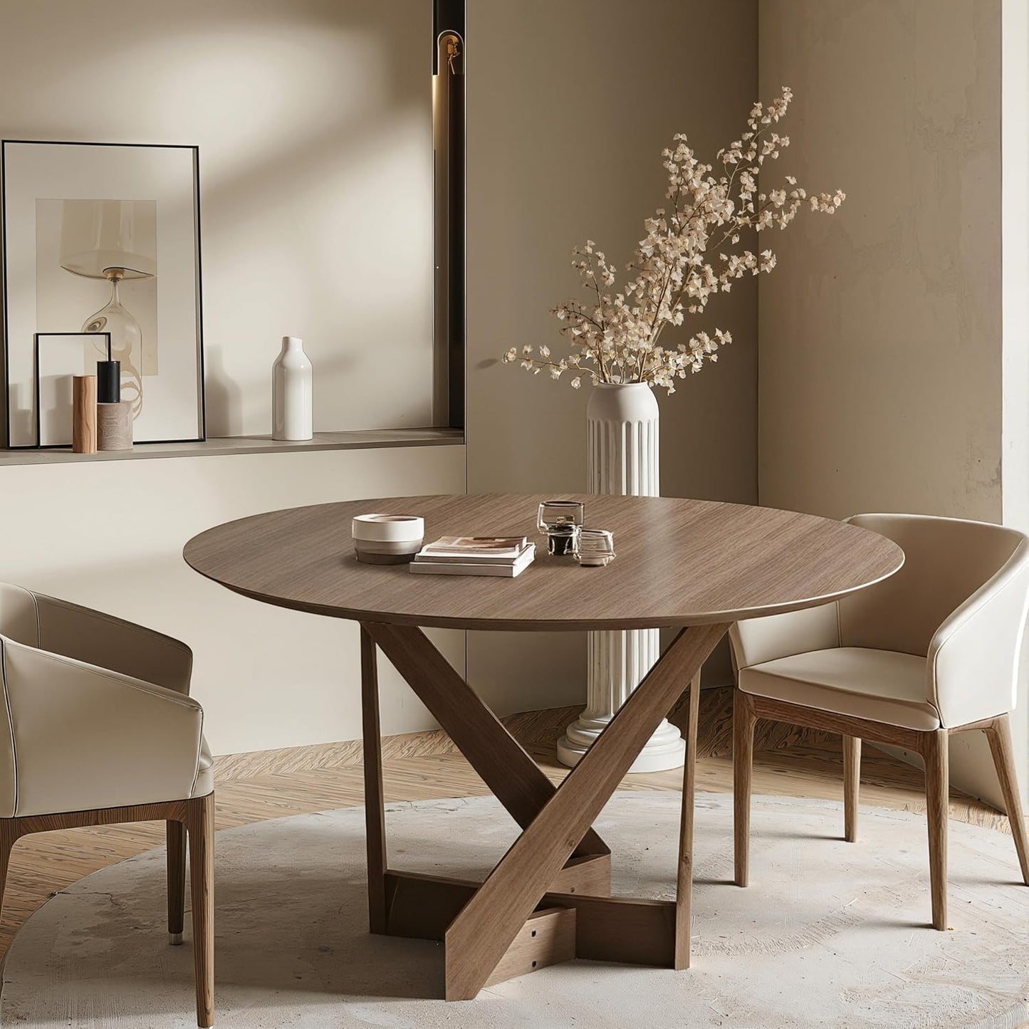 Acanva 47" Small Round Dining Table for 4 Person, MDF Top and Sturdy Wood Base Structure, Modern Design for Kitchen, Compact Space & Apartment, Walnut Brown