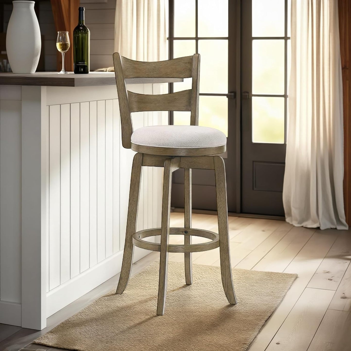 Armen Living Blair 30 in. Putty Brown Bar Height Rubberwood Swivel Barstool with Cream Fabric Seat