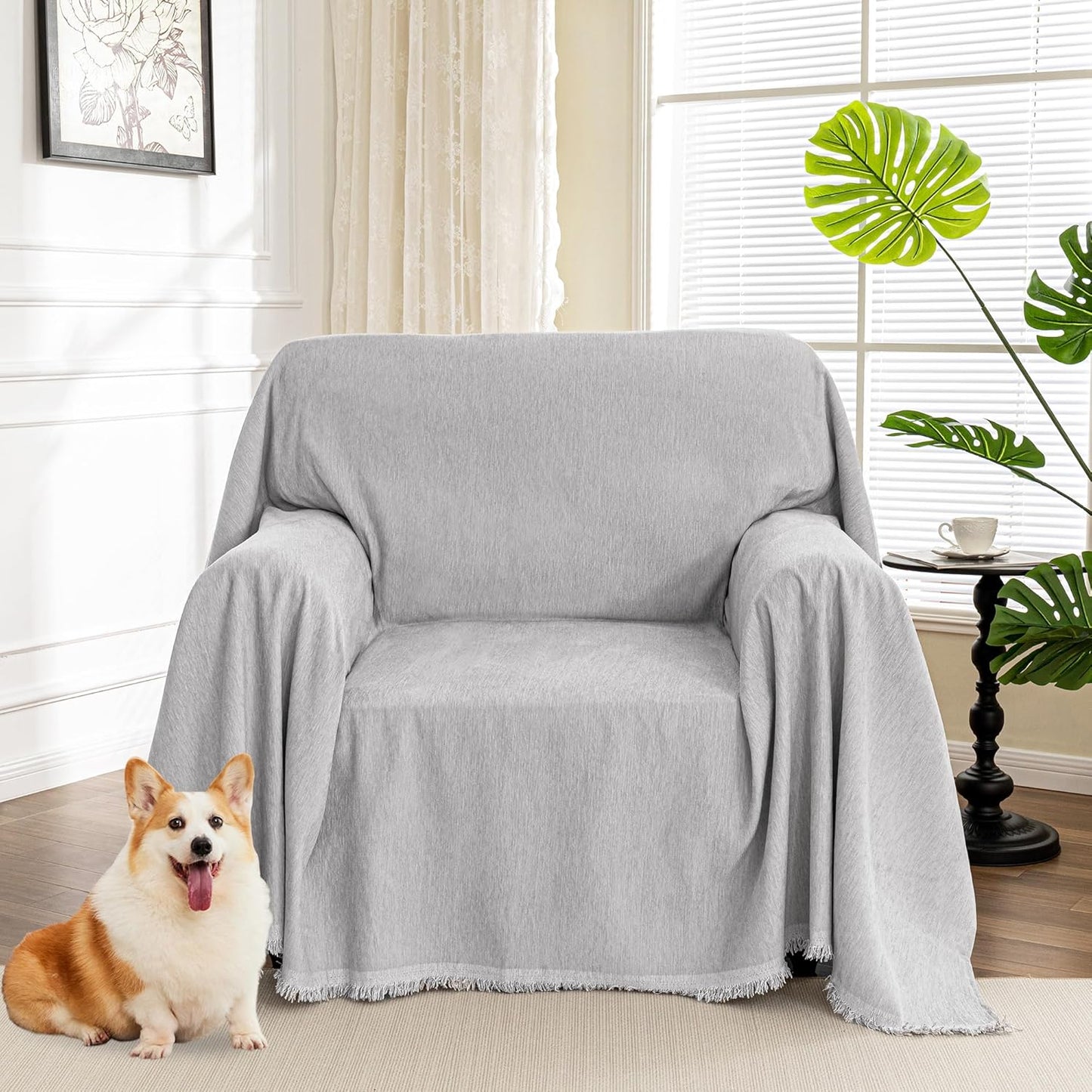 MYSKY HOME Oversized Armchair Cover for 1 Cushion, Washable Sofa Protector, Chenille Couch Covers with Tassel, Sofa Throw, Pet & Kid Friendly, 71"X91", Light Grey