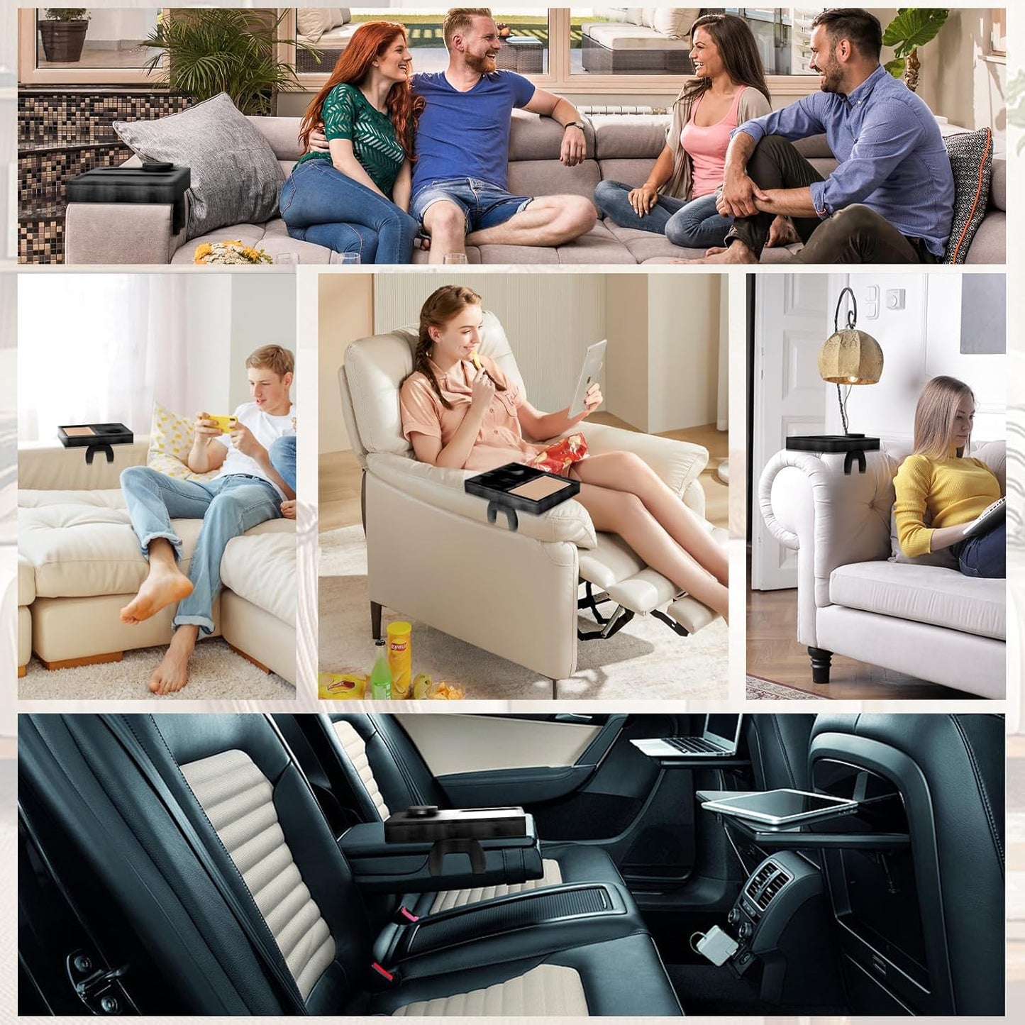 Bamboo Couch Armrest Table with Couch Cup Rest,Non-Slip Armrest Tray Table for Couch,Adjustable Sofa Table with Rotating Phone Holder,Perfect for Living Room and Dining,Black