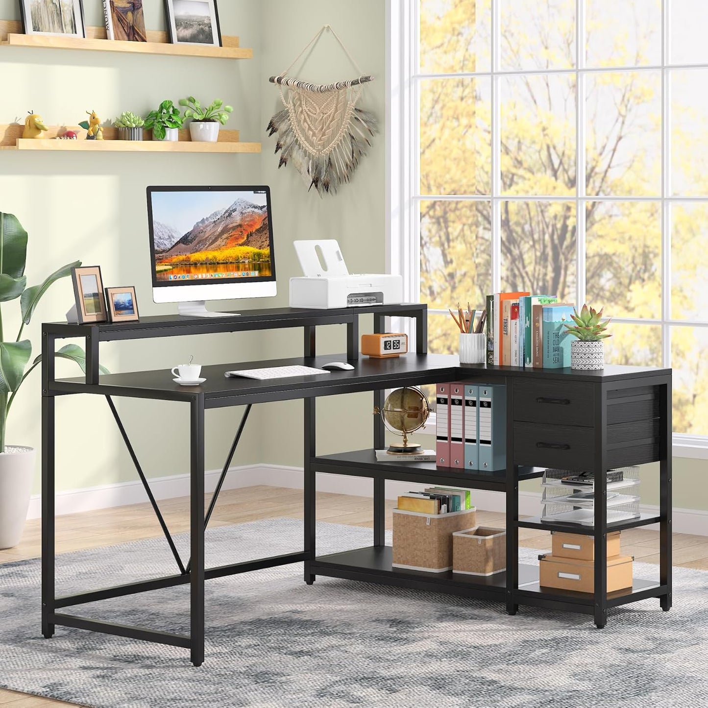 Tribesigns L Shaped Desk with Drawer and Monitor Stand, BlackCorner Desk Home Office Table with Storage Shelves, Black PC Desk for Small Space