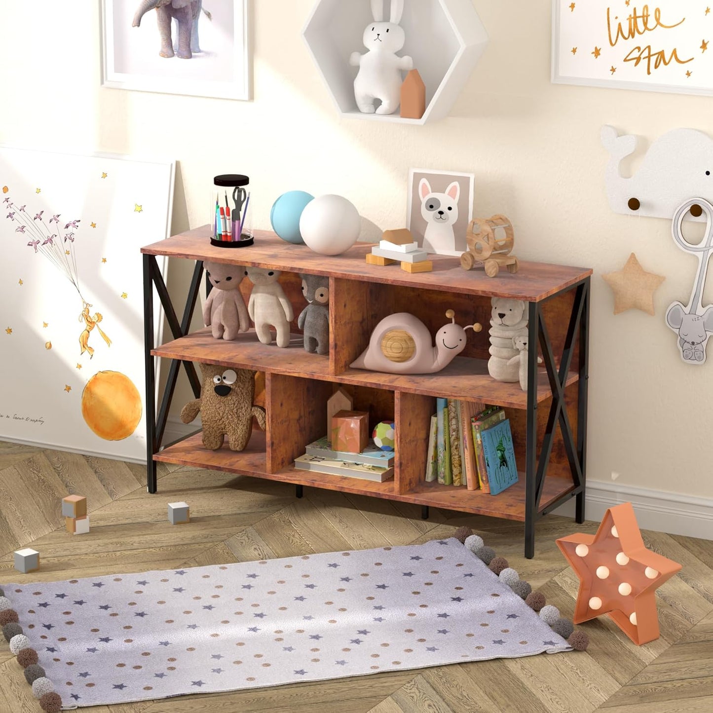 5 Cube Storage Organizer Shelf,Industrial Horizontal Bookshelf,Short Wide Cubby Bookcase,Low Large Book Shelf Metal Storage Organizer Open Shelf for Bedroom Living Room,Home,Office,47 in(Brown,5 Cube)