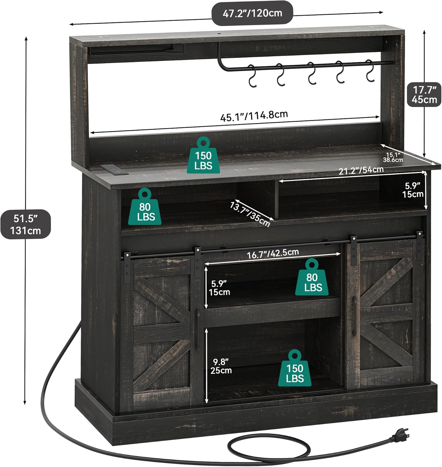 YITAHOME Buffet Cabinets with Upper Rack, Farmhouse Coffee Bar Cabinet with Power Outlet & Goblet Holder, 47 Inch Sideboard Cabinets with Sliding Barn Door for Kitchen, Living Room (Dark Rustic Oak)