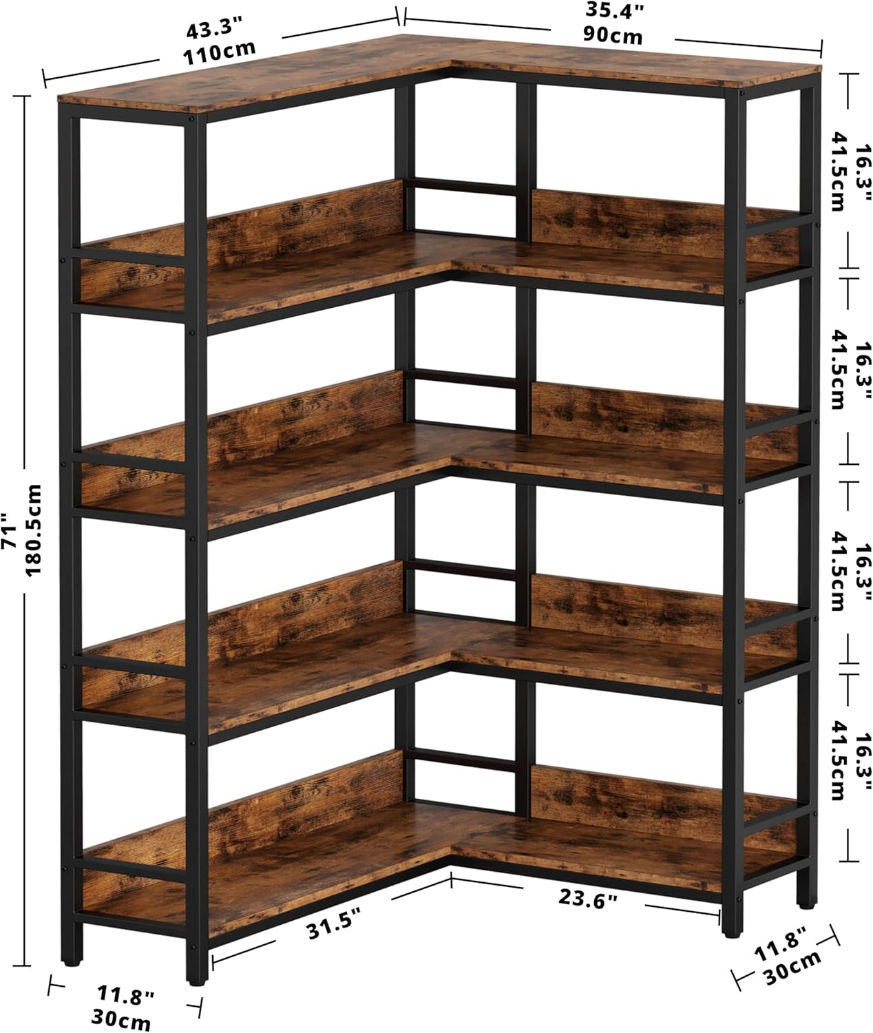 IRONCK Industrial Bookshelves 5 Tiers Corner Bookcases with Baffles Etagere Shelf Storage Rack with Metal Frame for Living Room Home Office