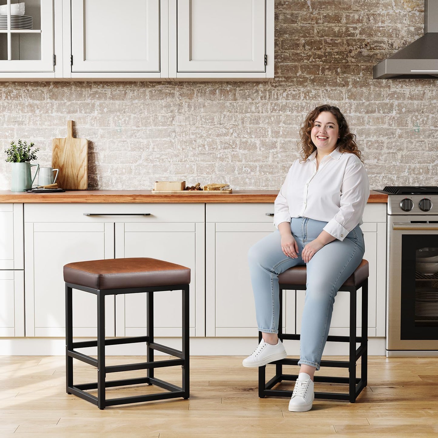 Counter Height Bar Stools Set of 3, 24" Barstools for Kitchen Countertop, Faux Leather Counter Stools with Thick Square Seats & Sturdy Metal Base, Simple Assembly, Black