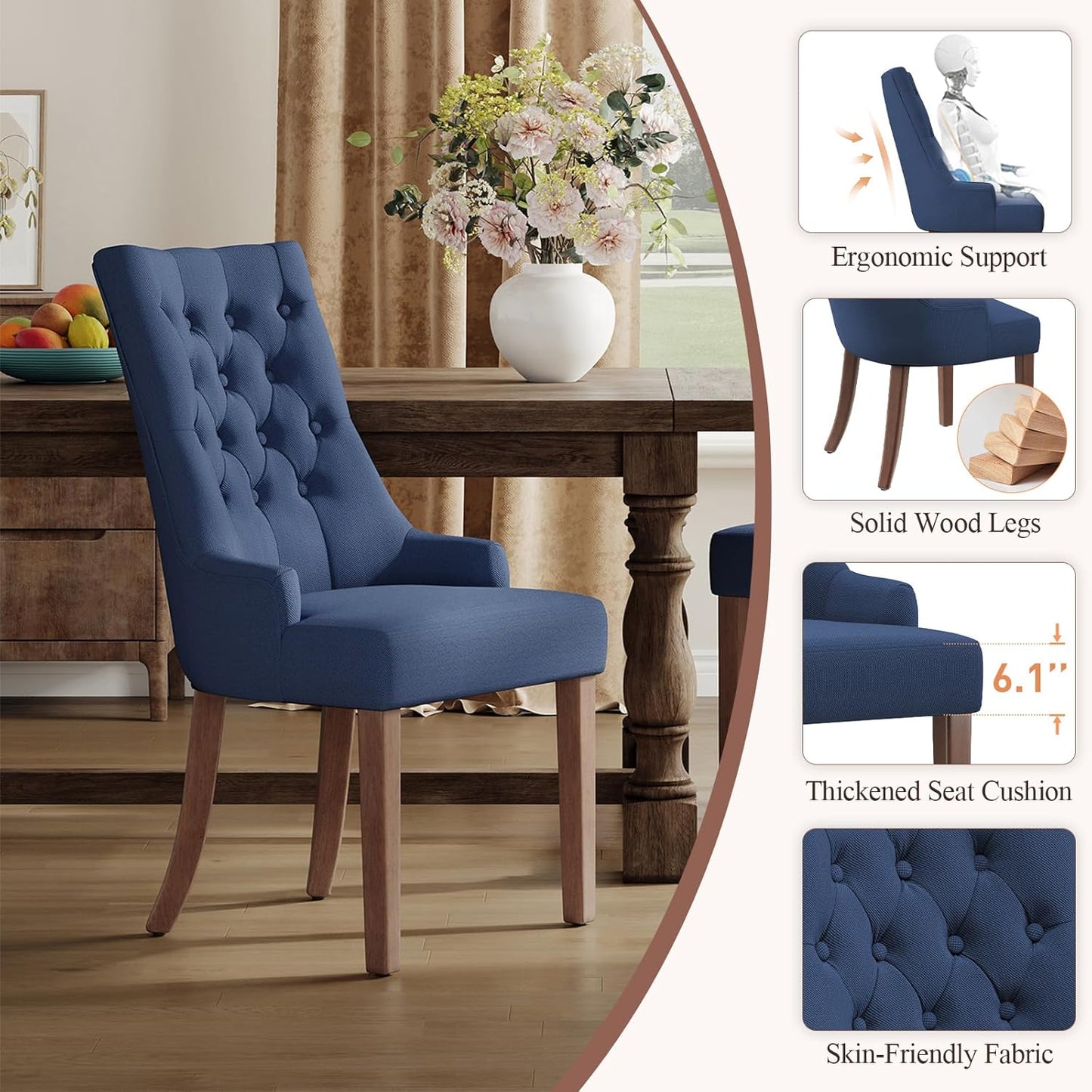 COLAMY Wingback Upholstered Dining Chairs Set of 6, Fabric Dining Room Chairs with Tufted Button, Living Room Chairs for Home Kitchen, Blue