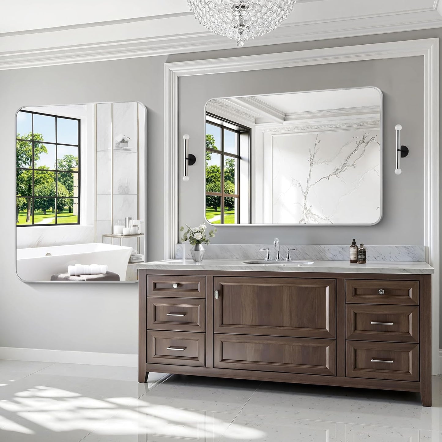 Silver Bathroom Mirror,36x48 inch Wall Mirror for Bathroom Wall Mounted,Rectangle Mirror for Bathroom Over Sink,Modern Frame Round Corner for Living Room,Bedroom Entryway,Horizontal/Vertical