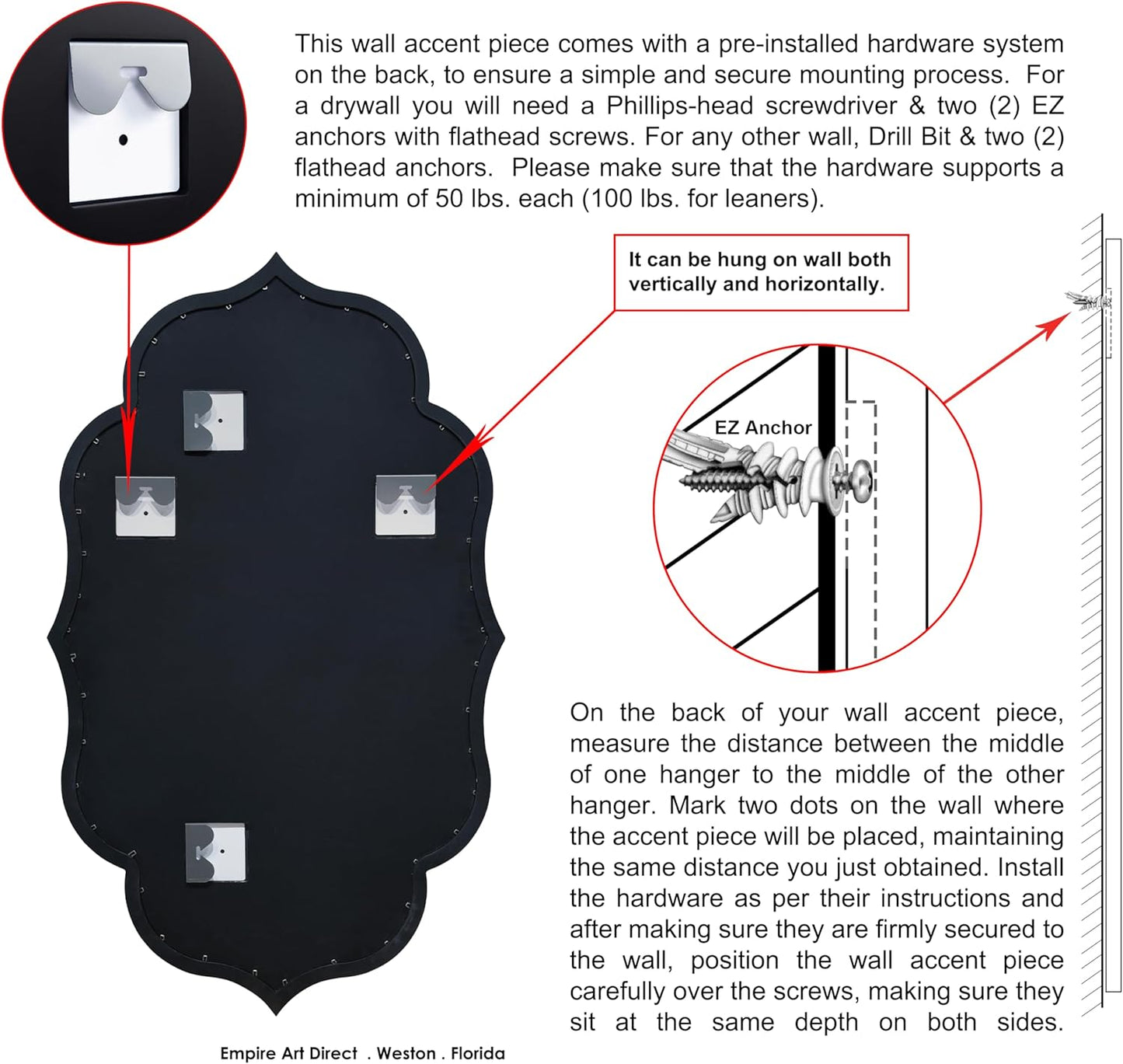 Empire Art Direct Curved Scalloped Wall Mirror on Black Matte Frame with Washed White Edges, Living Room, Bedroom & Office, 24" x 40" x 1"