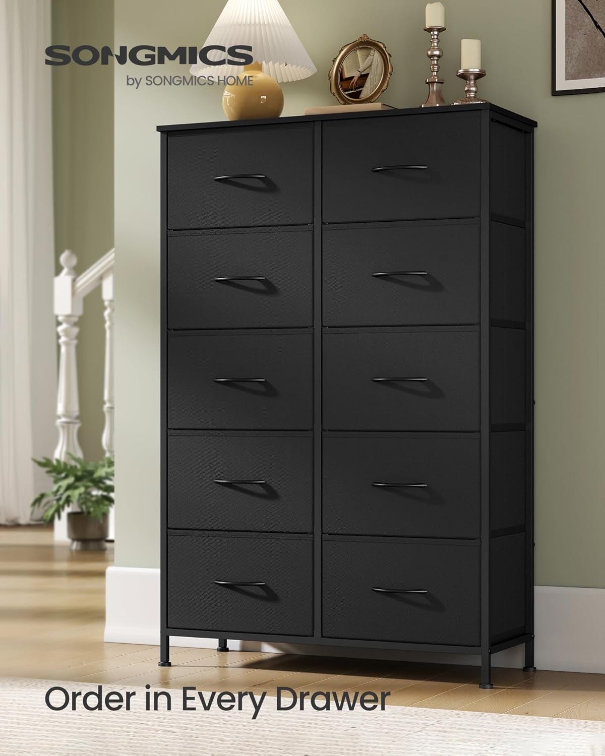 SONGMICS Dresser for Bedroom, Chest of Drawers, Steel, MDF, 10 Non-Woven Fabric Drawers, Storage Organizer Unit, Closet, Entryway, Rustic Brown and Ink Black ULGS125B01S