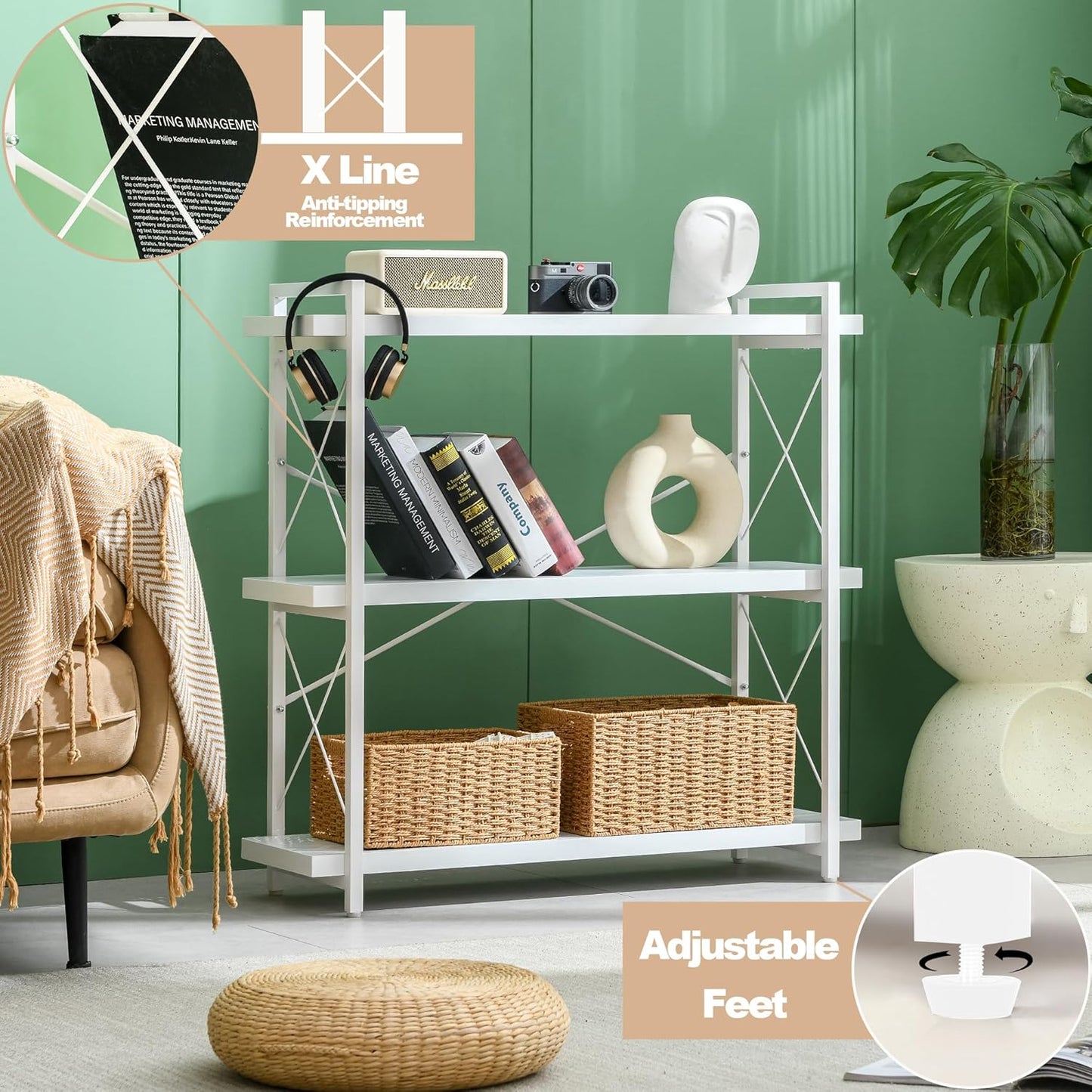 HCHQHS Bookshelf, 3-Tier Industrial Bookcase, White Open Book Shelf, Freestanding Horizontal Bookshelves with Metal Frame