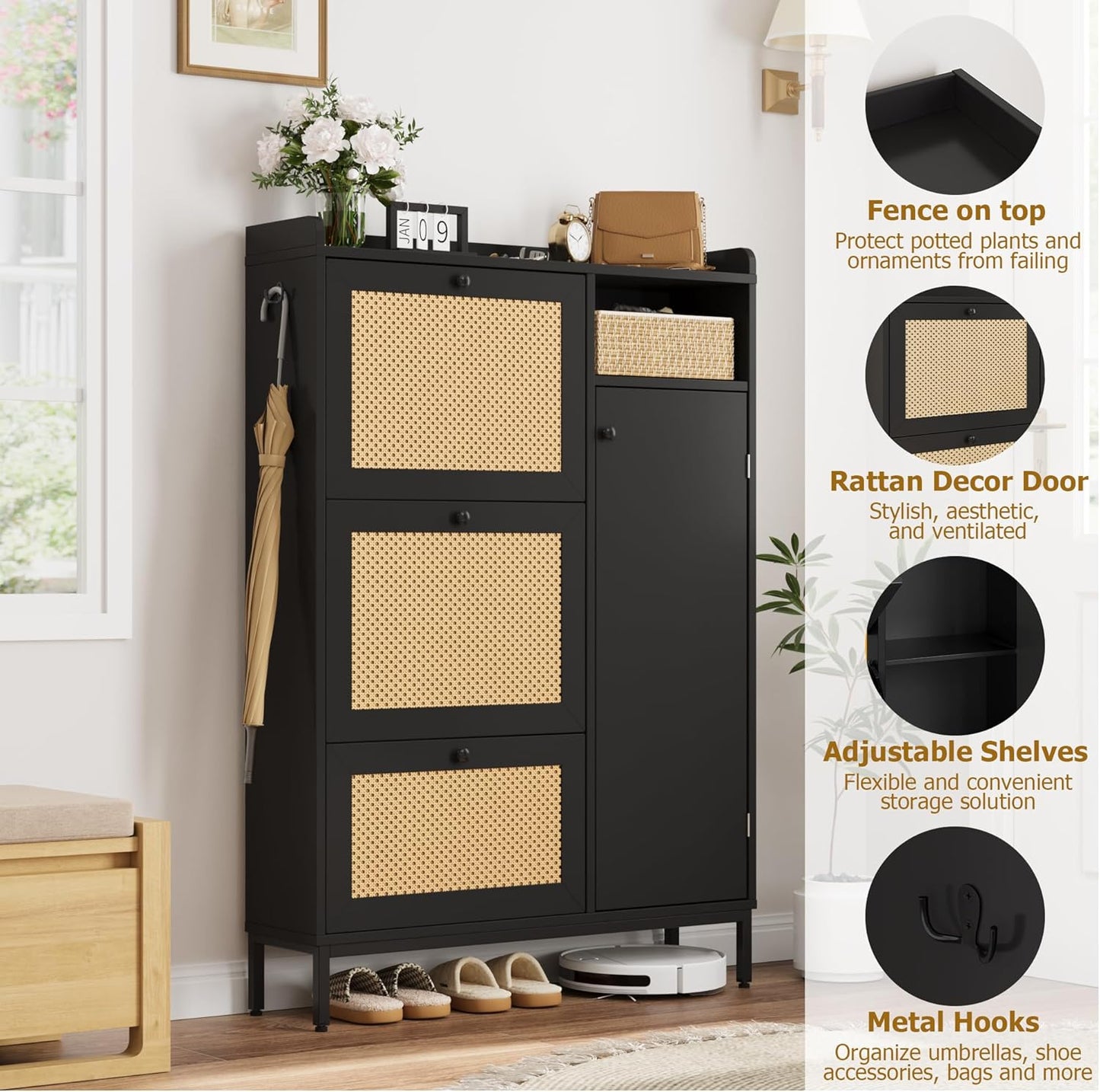 GarveeHome Shoe Cabinet Rattan with 3 Flip Drawers and 4-Tier Shoe Storage Cabinet, Freestanding Shoe Organizer with Adjustable Shelves for Entryway, Closet, Hallway (Black)