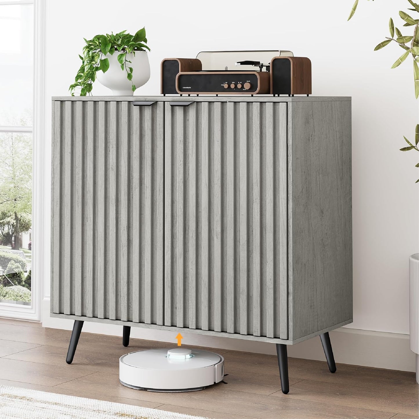 Smuxee Freestanding Fluted Sideboard, Grey Wash Buffet with Wood Storage, Adjustable Shelf for Living Room, Entryway, Hallway