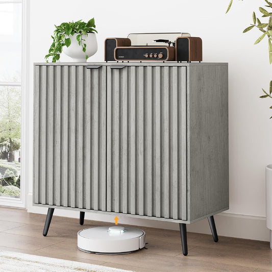 Smuxee Freestanding Fluted Sideboard, Grey Wash Buffet with Wood Storage, Adjustable Shelf for Living Room, Entryway, Hallway