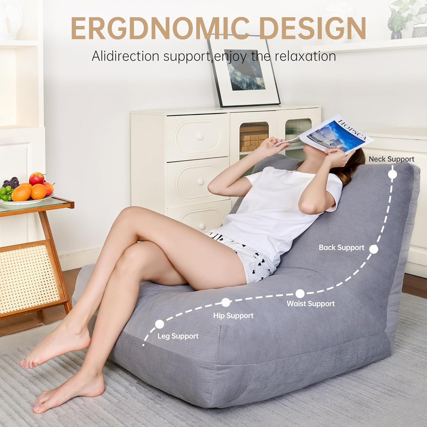 Bean Bag Chairs for Adults, Memory Foam Bean Bag Chair, Spacious Single Sofa, Ergonomic Support Reading Floor Sofa Chair with Filler, Comfy Cozy Beanbag Couch for Bedroom Living Room (Grey)