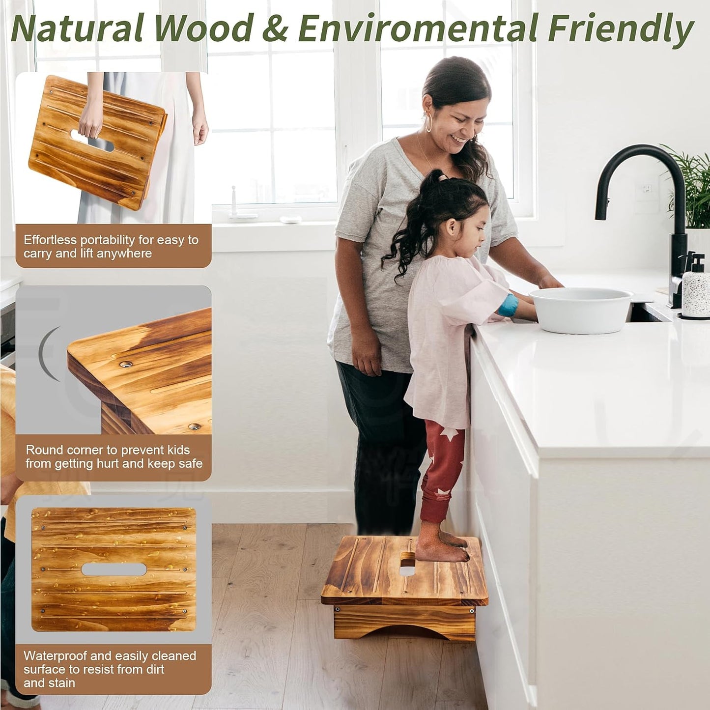 Wooden Step Stool for Adults, 3.5" Portable Wood Step for Kids, Heavy Duty One Step Bedside Stool with 550 Lbs Load Capacity, Non-Slip White Foot Stool for Kitchen Bathroom