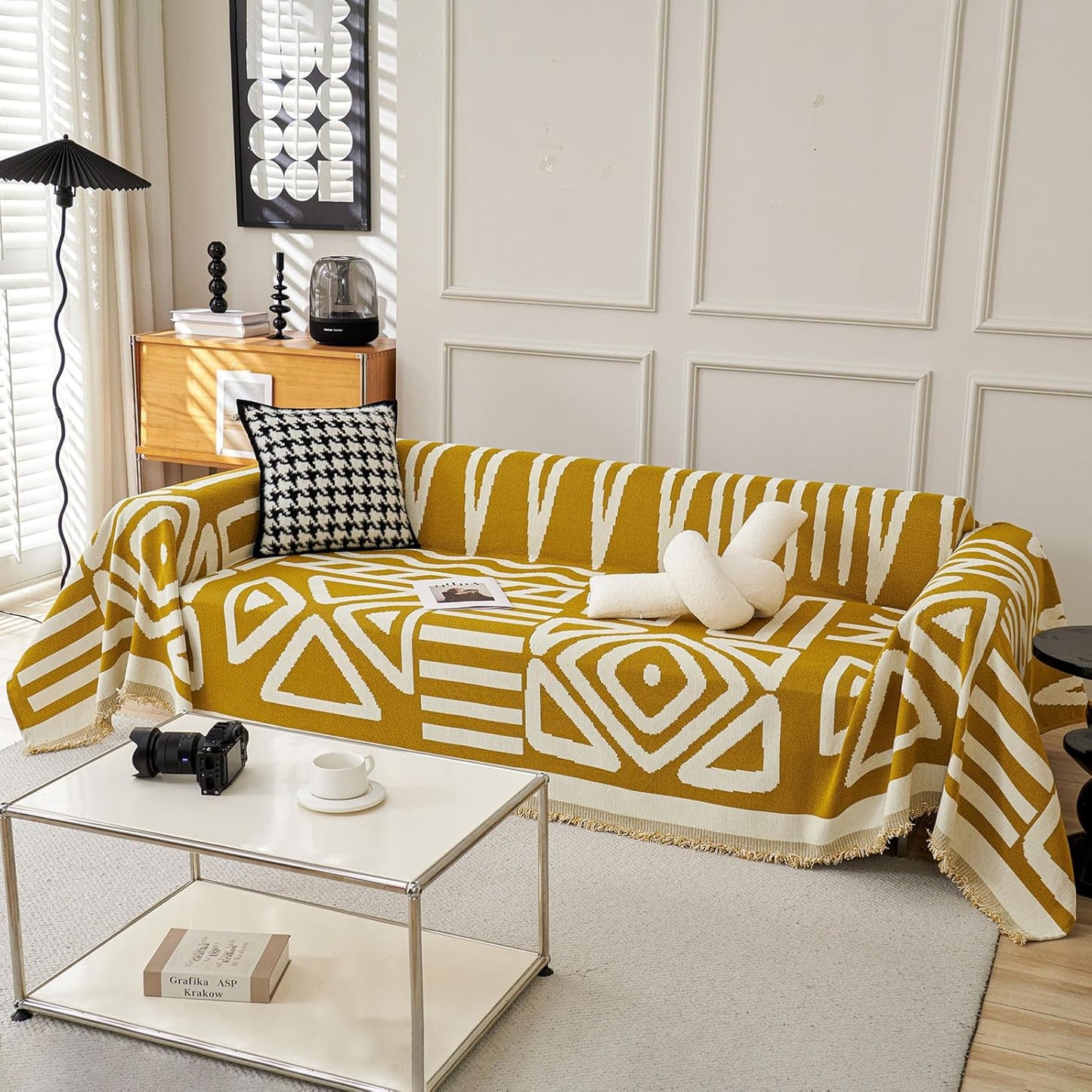 STACYPIK Mustard Yellow Boho Sofa Cover Couch Cover Reversible Jacquard Furniture Protector for 3 Cushion Couch L Shaped Sofa Slipcover Non-Silp Sofa Cushion Covers for Sectional with Tassels-91X118IN