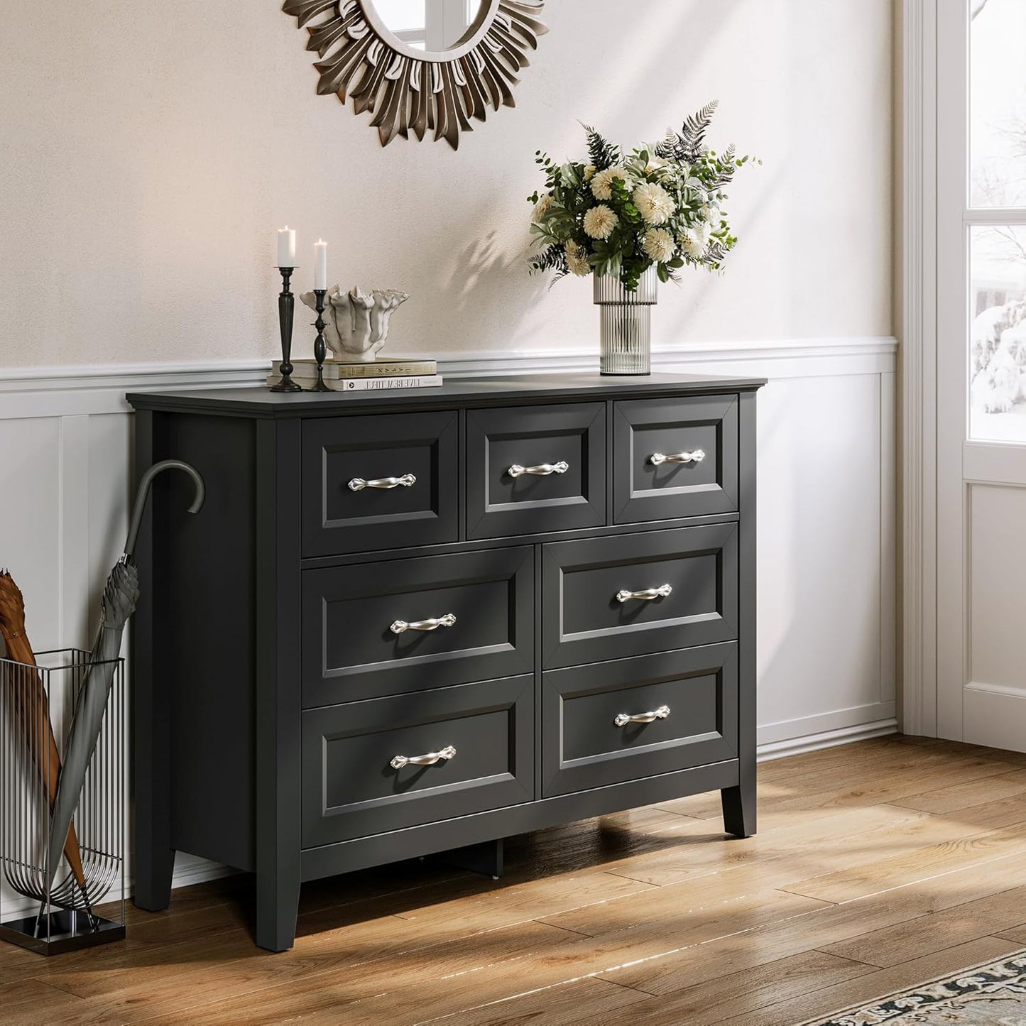 LINSY HOME 7 Drawers Dresser for Bedroom, 47" Wide Wooden Storage Chest with Antique Handles, Modern Farmhouse Dresser TV Stand with Wood Legs for Closet, Living Room, Hallway, Black