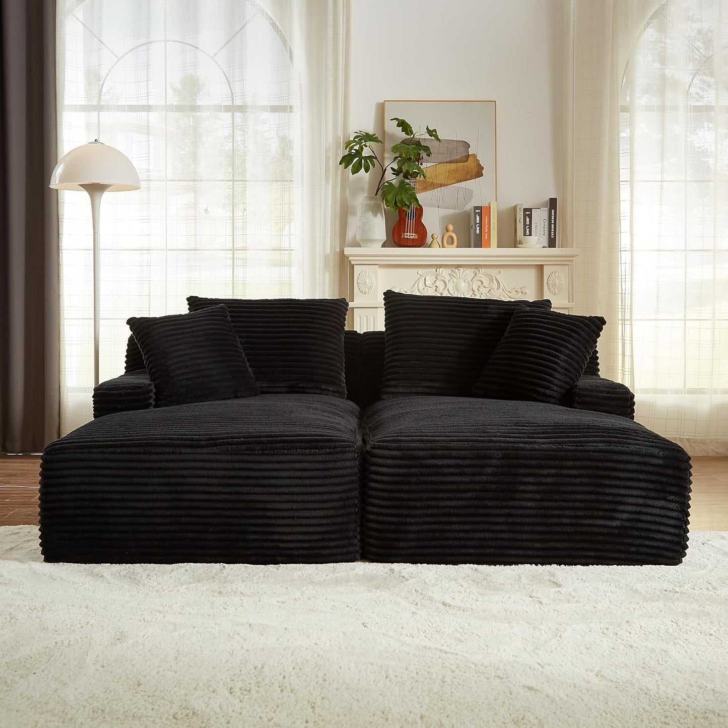 ERYE 79" Oversized Double Chaise Lounge Indoor Sleeper Recliner Sofabed with 4 Pillows, Fluffy Corduroy Loveseat Sleeper Chaise Daybed 2 Pieces Boneless Chair Sofa Bed for Living Room Bedroom Reading