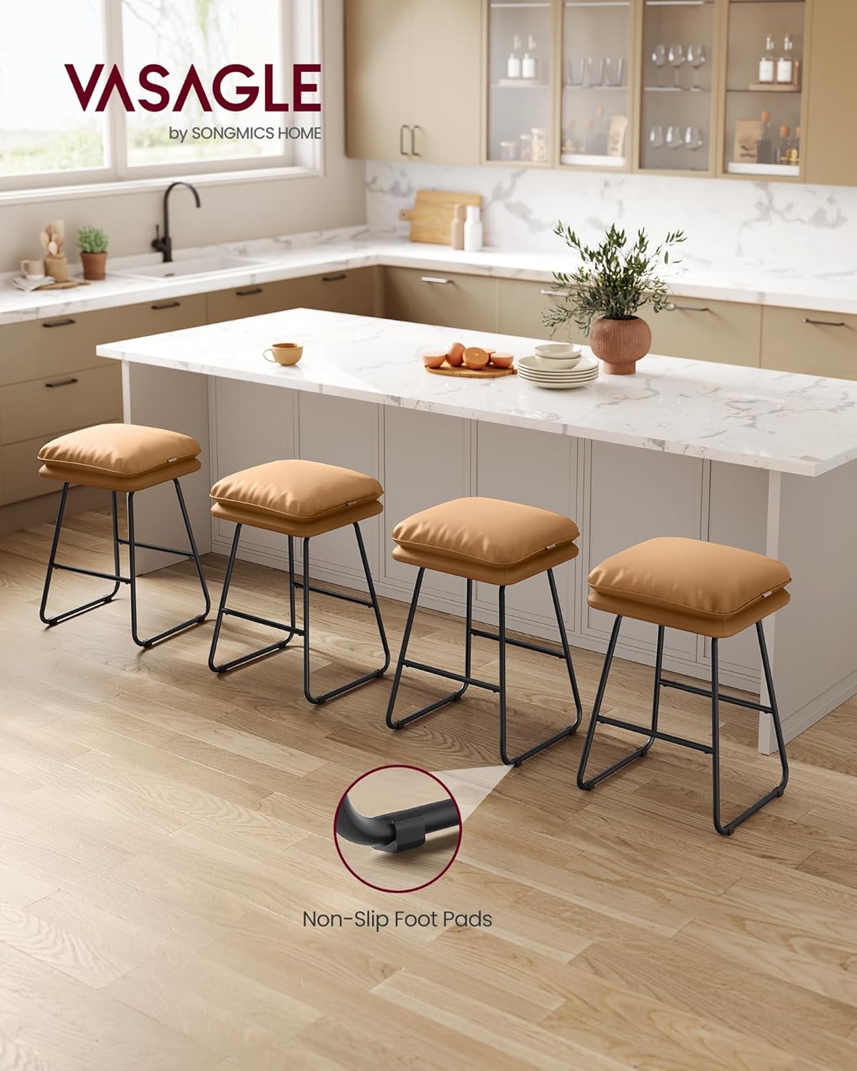 VASAGLE Bar Stools Set of 4, Counter Height Bar Stools, Leather Counter Stools Barstools with Soft Cushion and Metal Sled Legs, 25.6 Inches Bar Height Bar Chairs for Kitchen Island, Caramel Brown