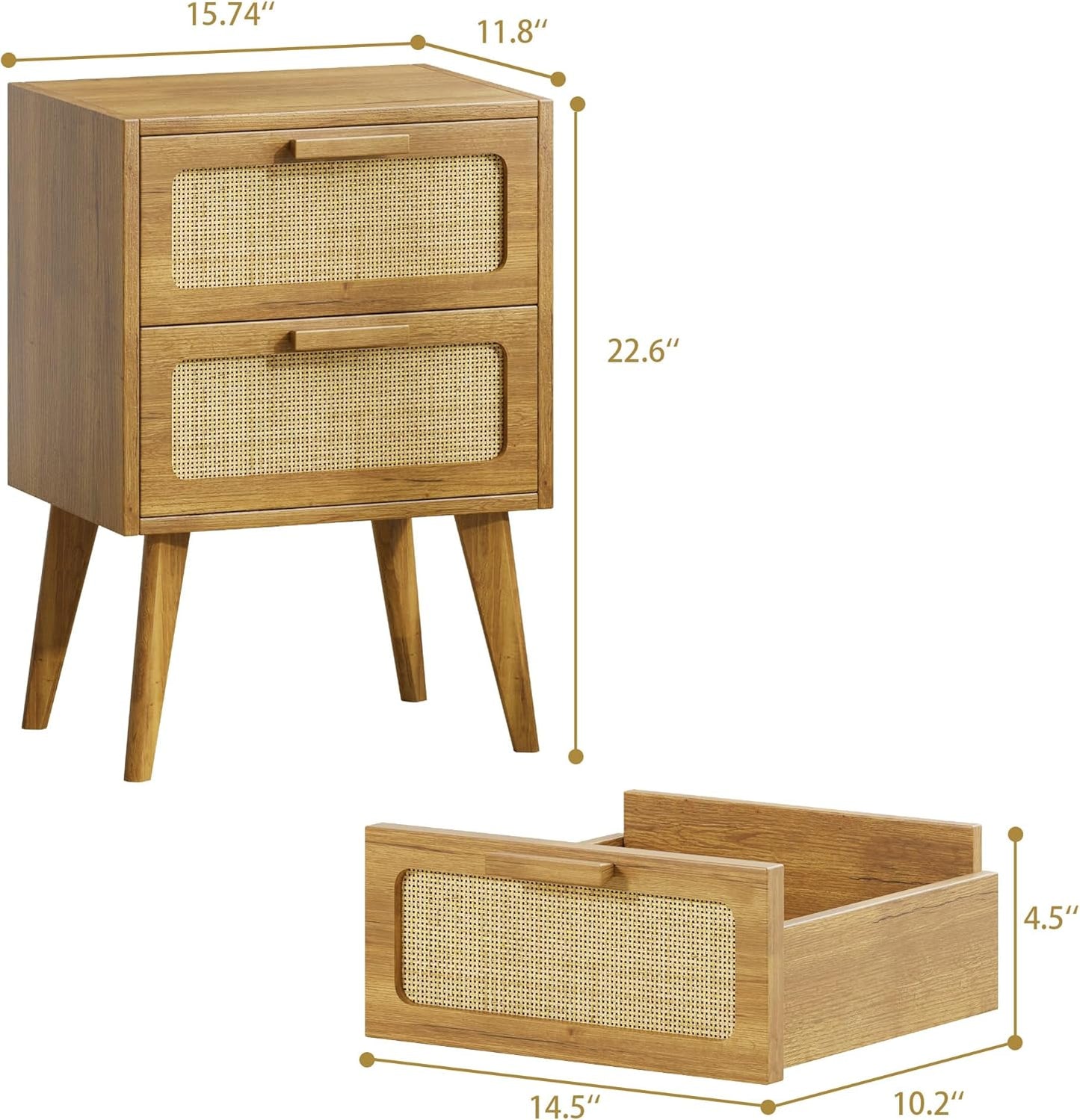 Rattan Nightstand,End Table, Side Table with 2 Hand Made Rattan Decorated Drawers,Boho Bedside Table,Wood Accent Table with Storage for Livingroom, Bedroom, Toffee Wood CTG59T