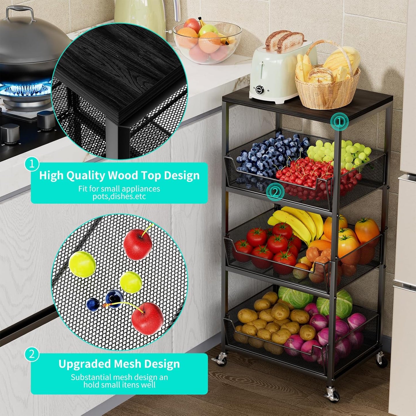 HapiRm Fruit Basket Kitchen Cart - 4-Tier Rolling Storage Cart with Wheels, Fruit Vegetable Basket with Wood Top, Pantry Utility Kitchen Organizer for Fruit Potato Onion Vegetable Bread Snack