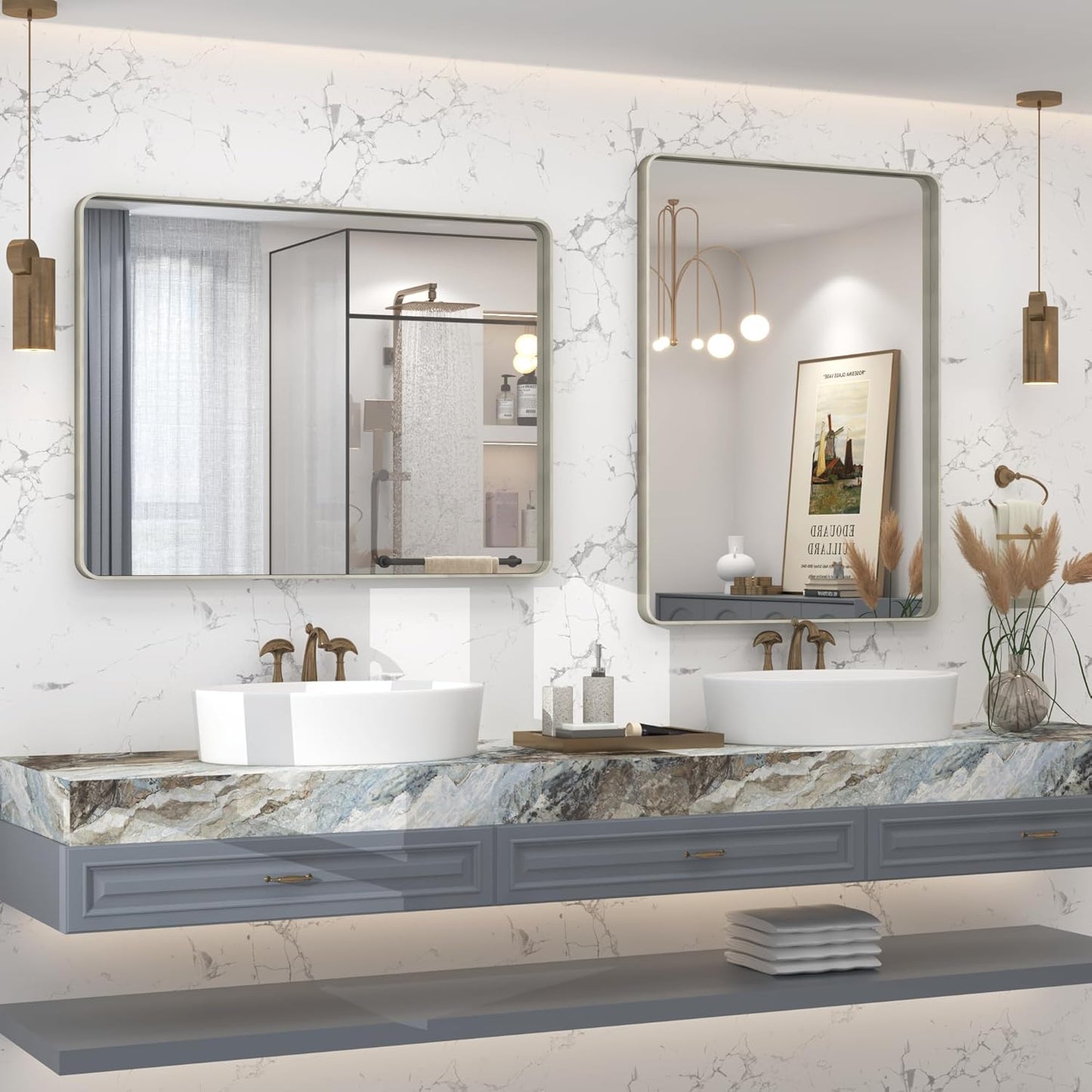 24x36 Silver Bathroom Mirror for Wall, Brushed Metal Framed Bathroom Vanity Mirror, Modern Rounded Corner Rectangle Mirror, Anti-Rust (Horizontal/Vertical)