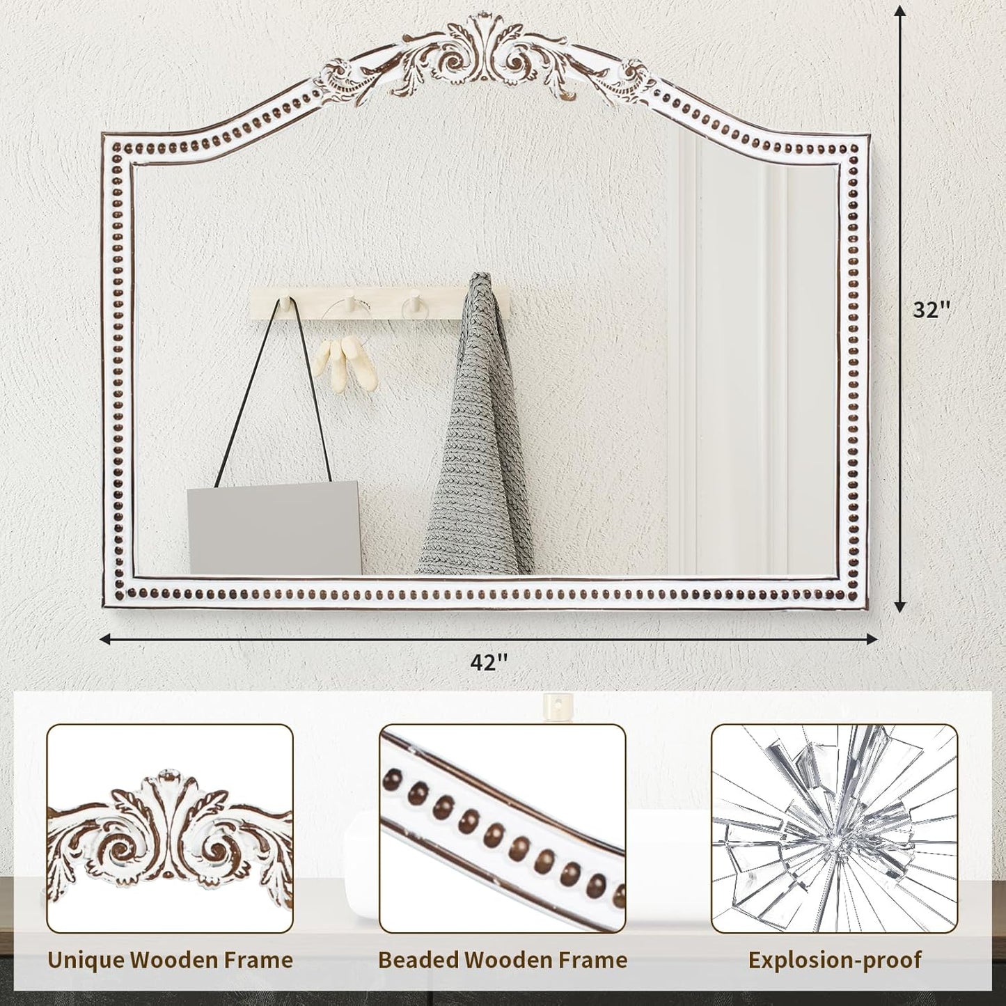 32x42 Inch Ornate Wooden Arched Wall Mirror, Rustic Farmhouse Decorative Wide Mirrors for Fireplace, Living Room, Bedroom, Entryway, Bathroom Over Sink